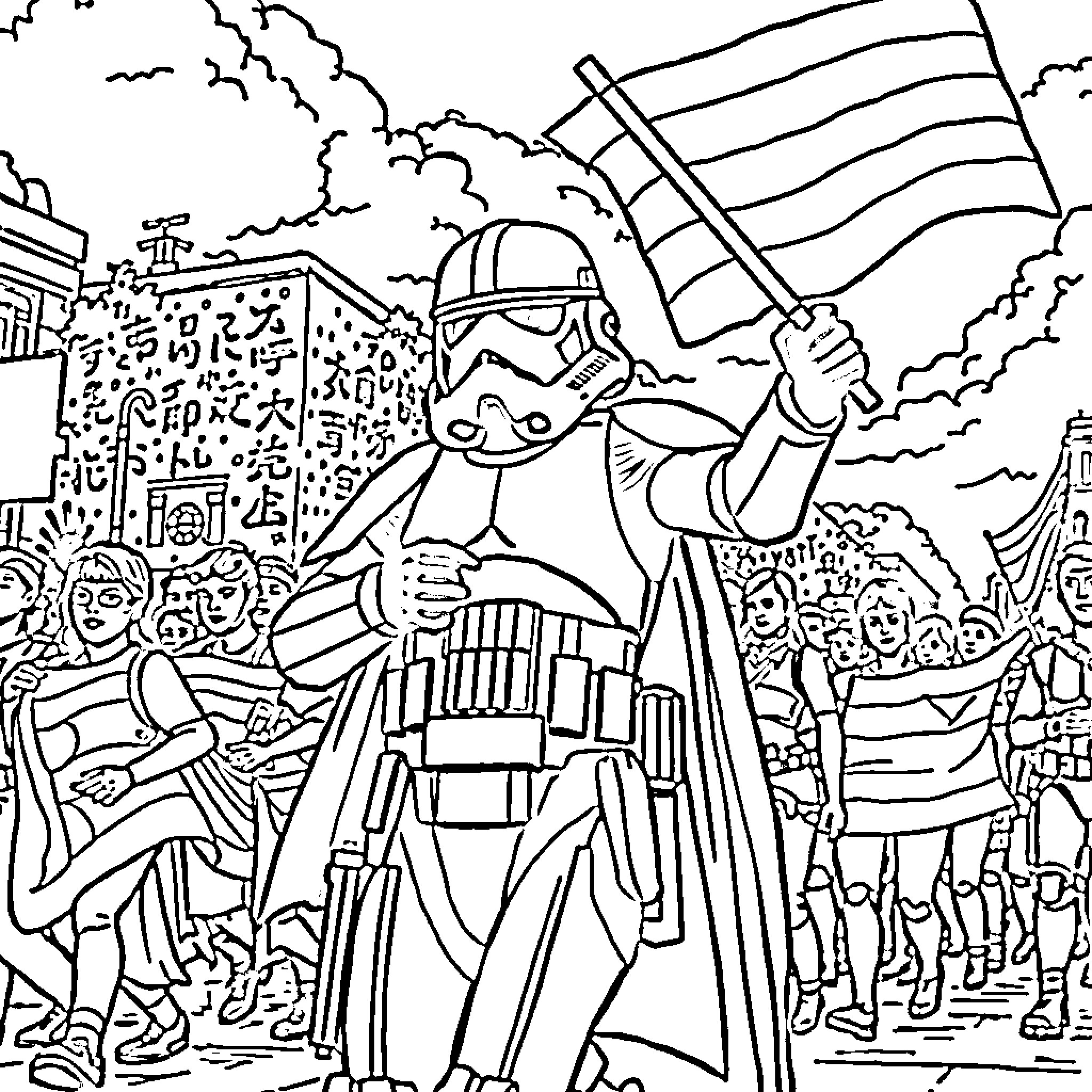 Trooper leads a crowd through a cityscape Coloring Page (free black-and-white line drawing printable PDF for all, from beginners to advanced learners, including children, teens, adults, and seniors)