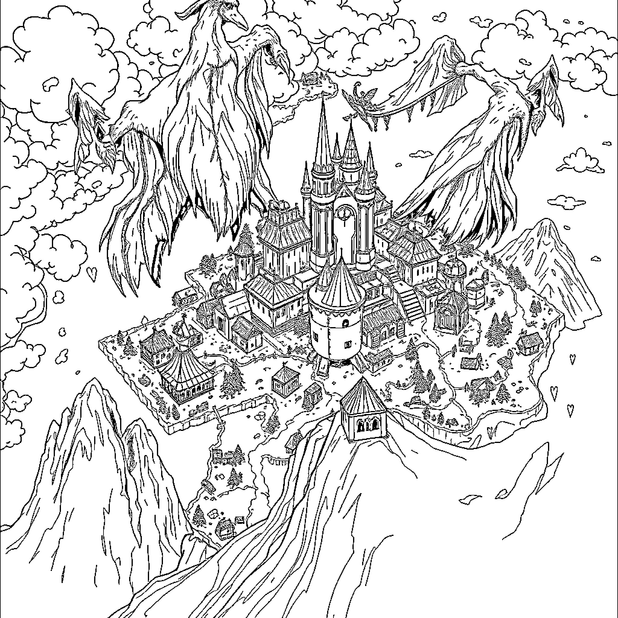 Map of a Magical Fantasy Kingdom Coloring Page (free black-and-white line drawing printable PDF for all, from beginners to advanced learners, including children, teens, adults, and seniors)