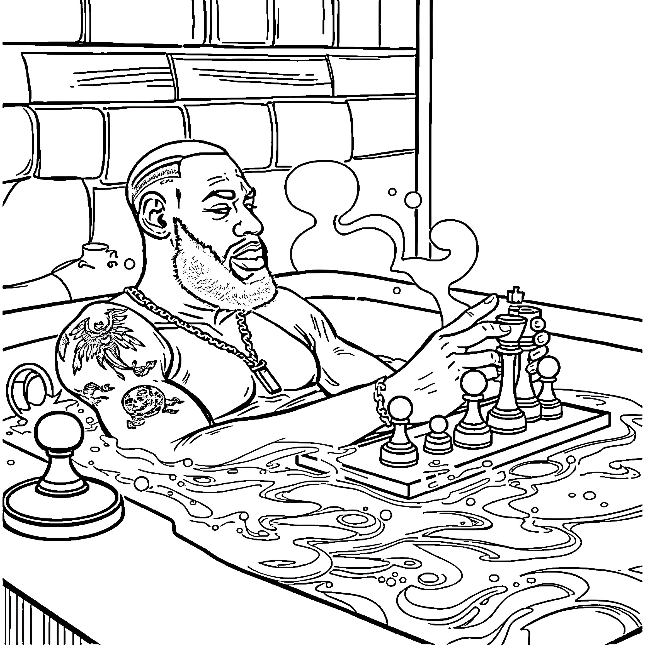 LeBron James playing chess in contemplative pose Coloring Page (free black-and-white line drawing printable PDF for all, from beginners to advanced learners, including children, teens, adults, and seniors)