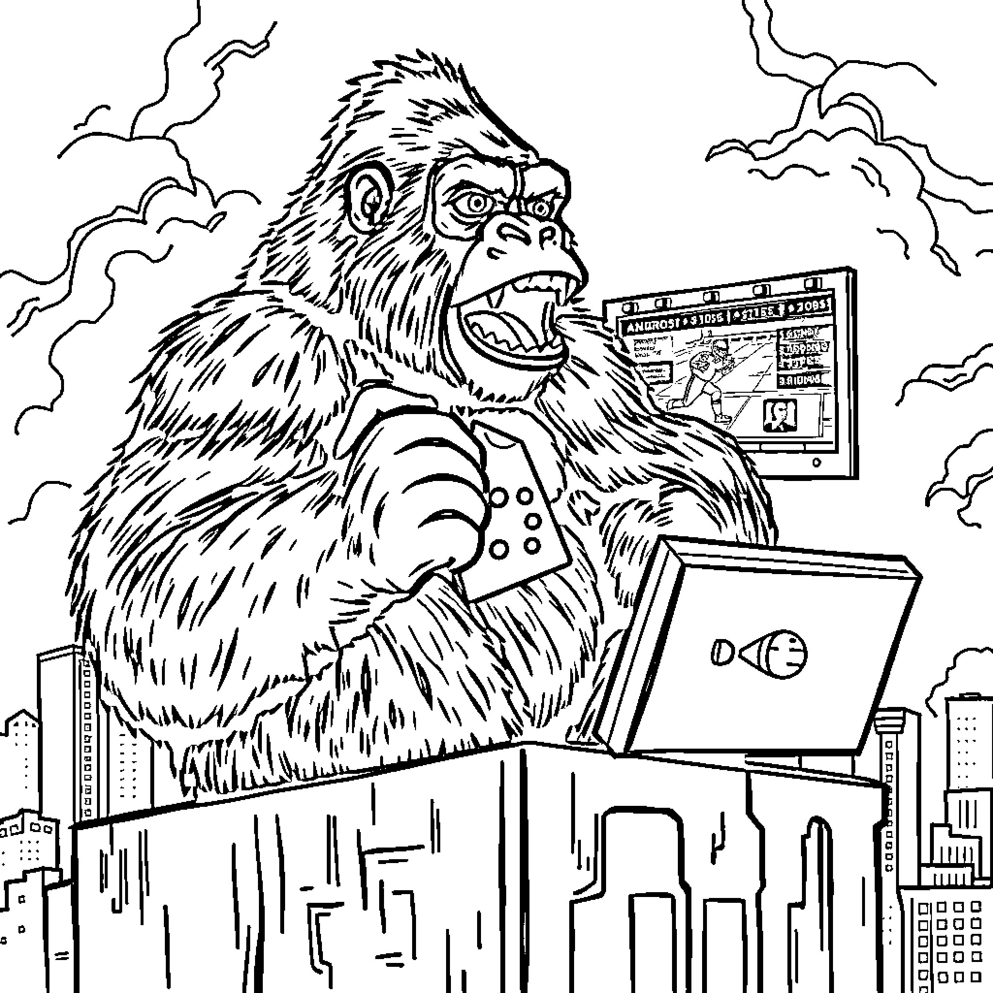 King Kong wreaking havoc with computer technology in the city Coloring Page (free black-and-white line drawing printable PDF for all, from beginners to advanced learners, including children, teens, adults, and seniors)