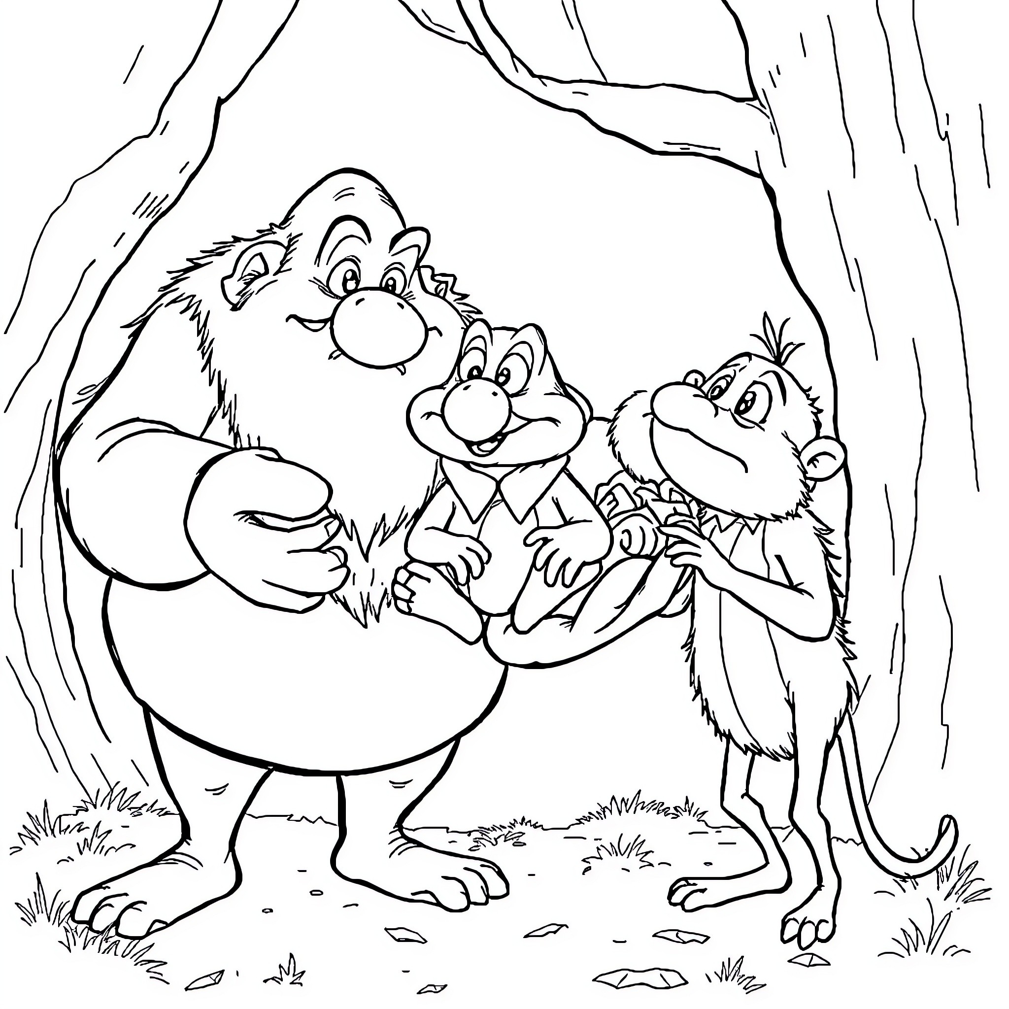 Gargamel and his Smurf companions in the woods Coloring Page (free black-and-white line drawing printable PDF for all, from beginners to advanced learners, including children, teens, adults, and seniors)