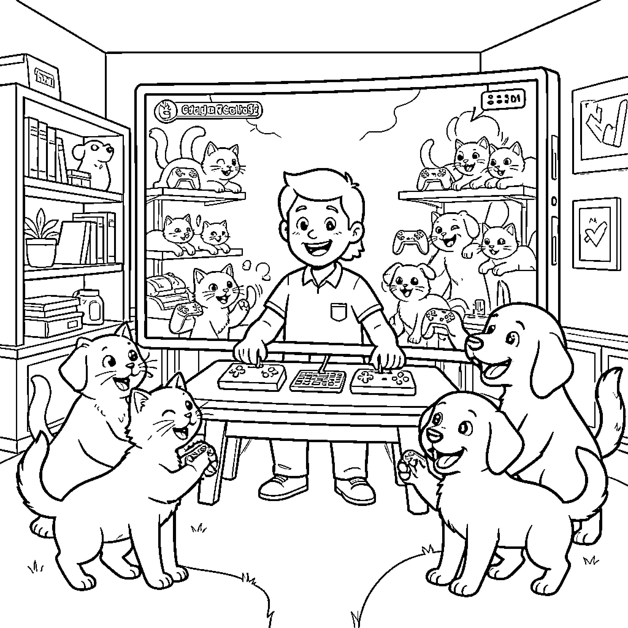 Cat and Dog Playing Video Games with Boy Coloring Page (free black-and-white line drawing printable PDF for all, from beginners to advanced learners, including children, teens, adults, and seniors)