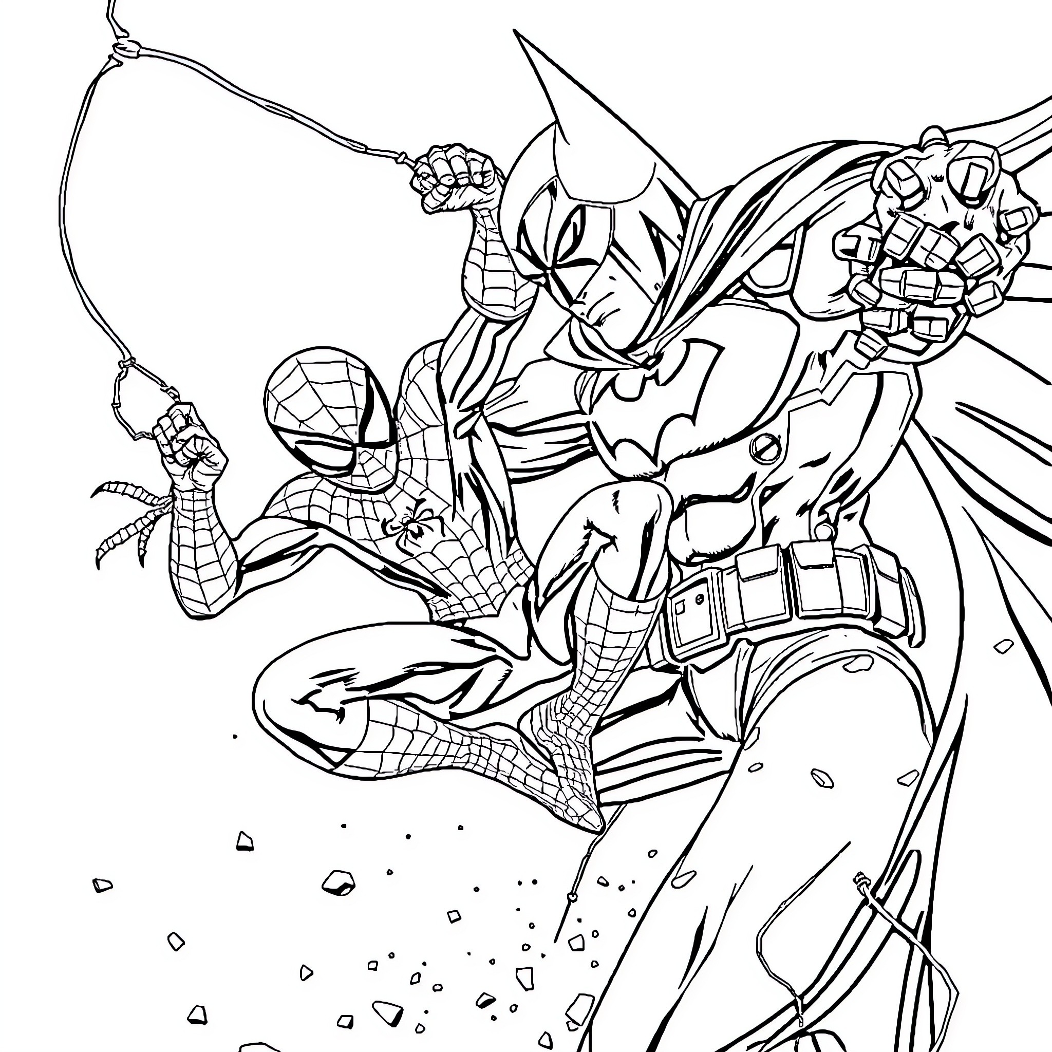 Spiderman fighting heroically against villains Coloring Page (free black-and-white line drawing printable PDF for all, from beginners to advanced learners, including children, teens, adults, and seniors)