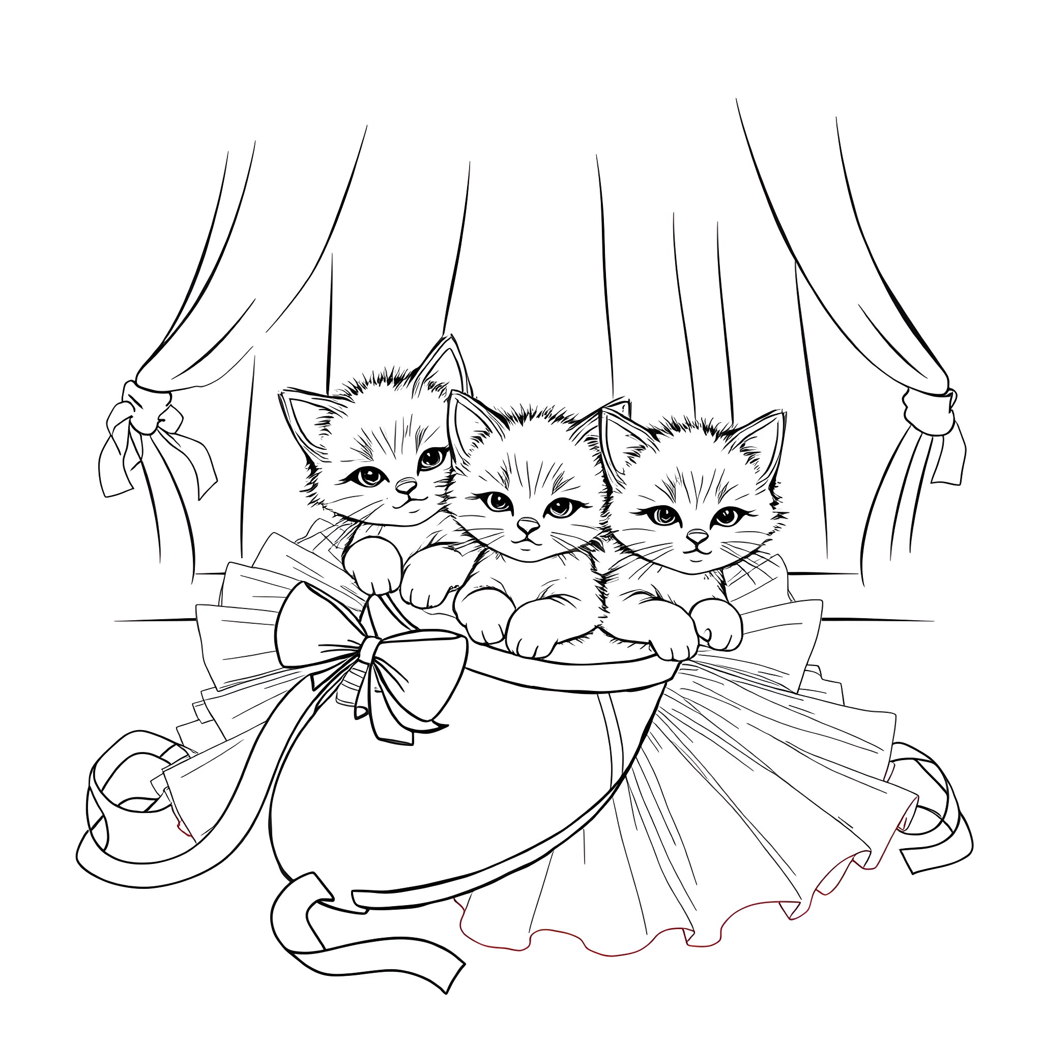Kittens in a basket with bows Coloring Page (free black-and-white line drawing printable PDF for all, from beginners to advanced learners, including children, teens, adults, and seniors)