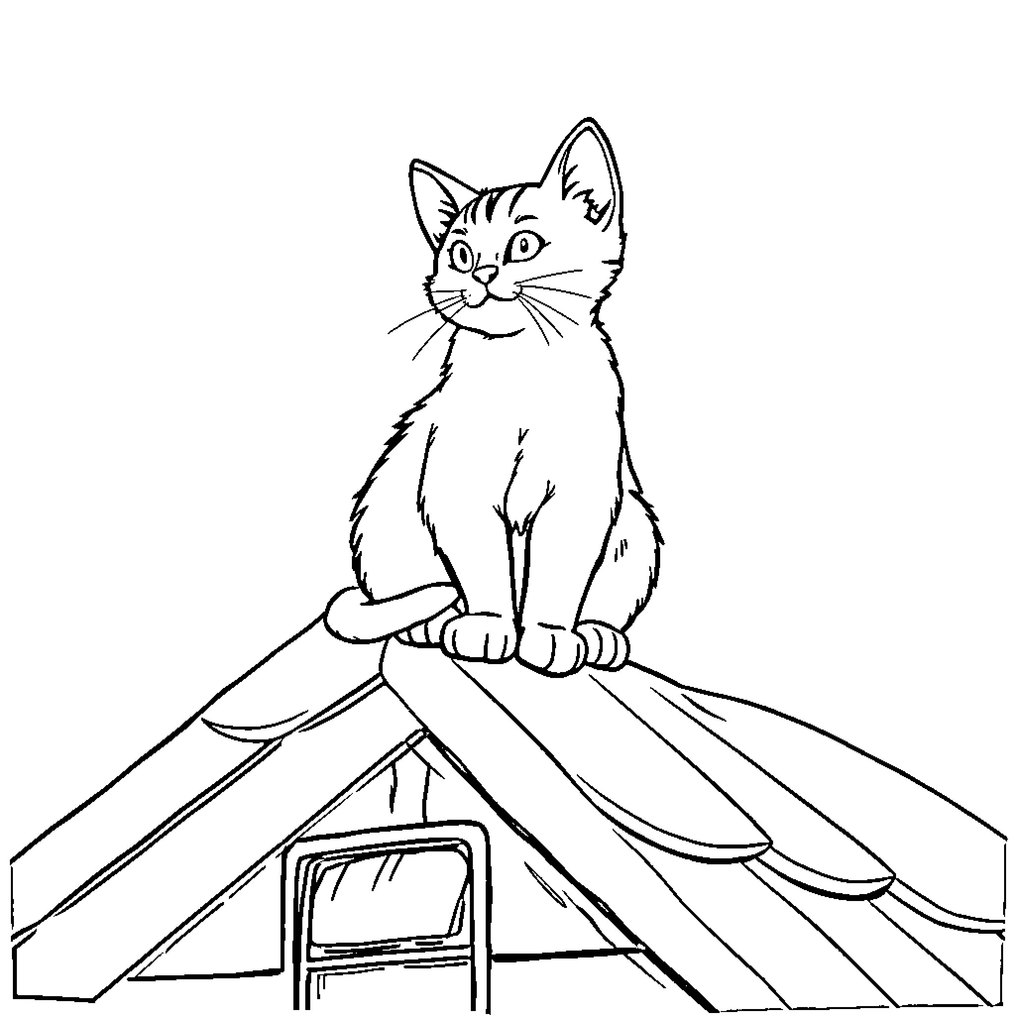 Cat perched atop a circus tent Coloring Page (free black-and-white line drawing printable PDF for all, from beginners to advanced learners, including children, teens, adults, and seniors)