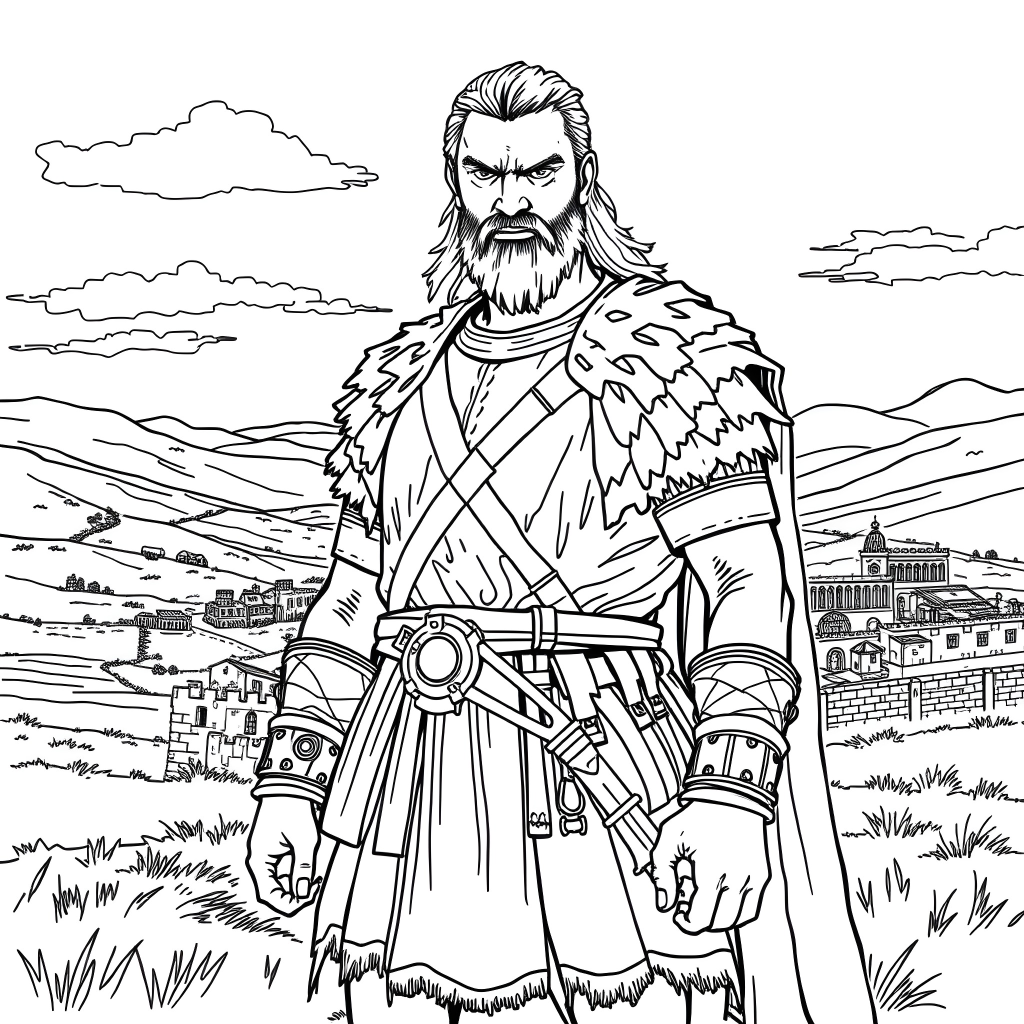 William Wallace leading his army in battle Coloring Page (free black-and-white line drawing printable PDF for all, from beginners to advanced learners, including children, teens, adults, and seniors)