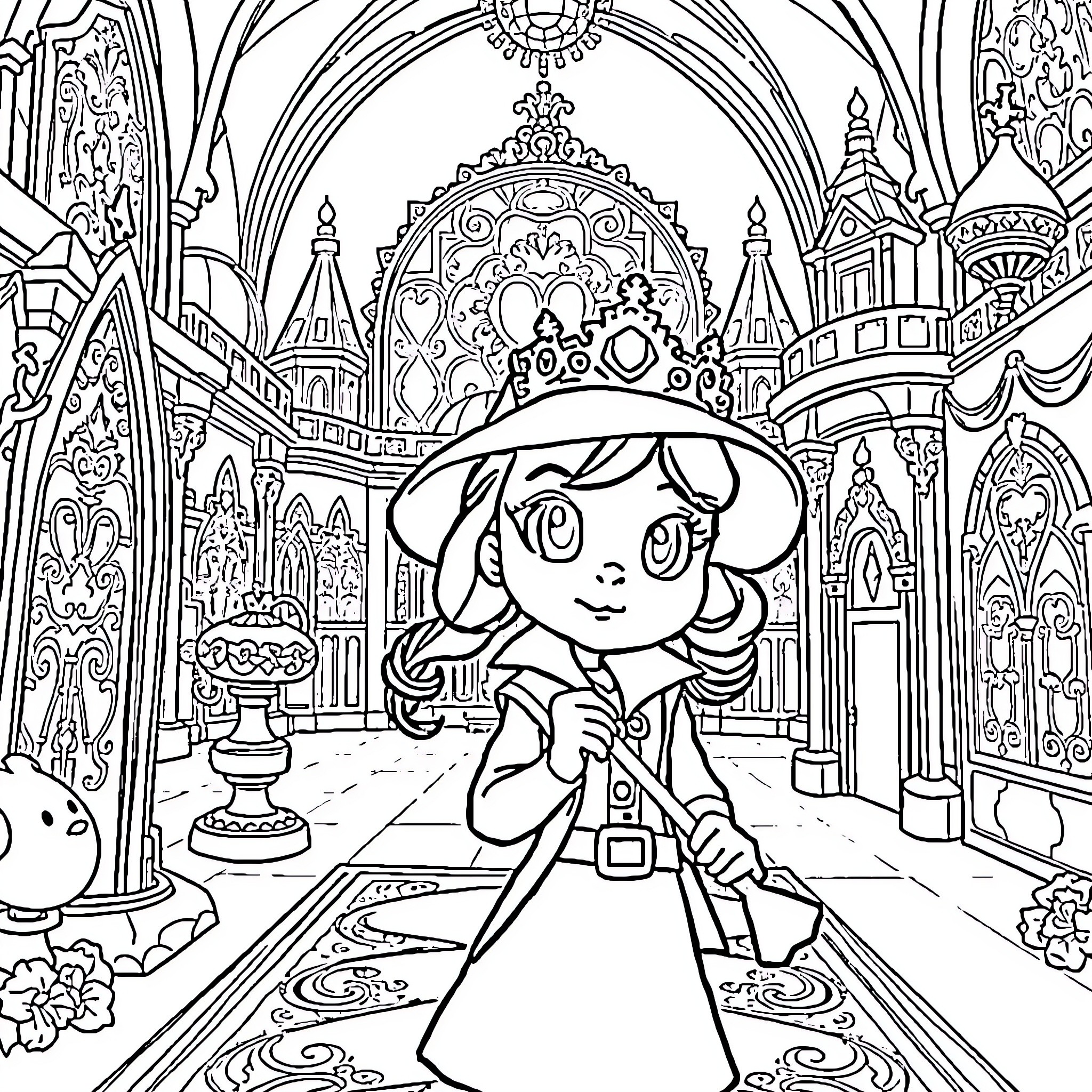 Mira's Enchanting Adventure in a Magical Castle Coloring Page (free black-and-white line drawing printable PDF for all, from beginners to advanced learners, including children, teens, adults, and seniors)