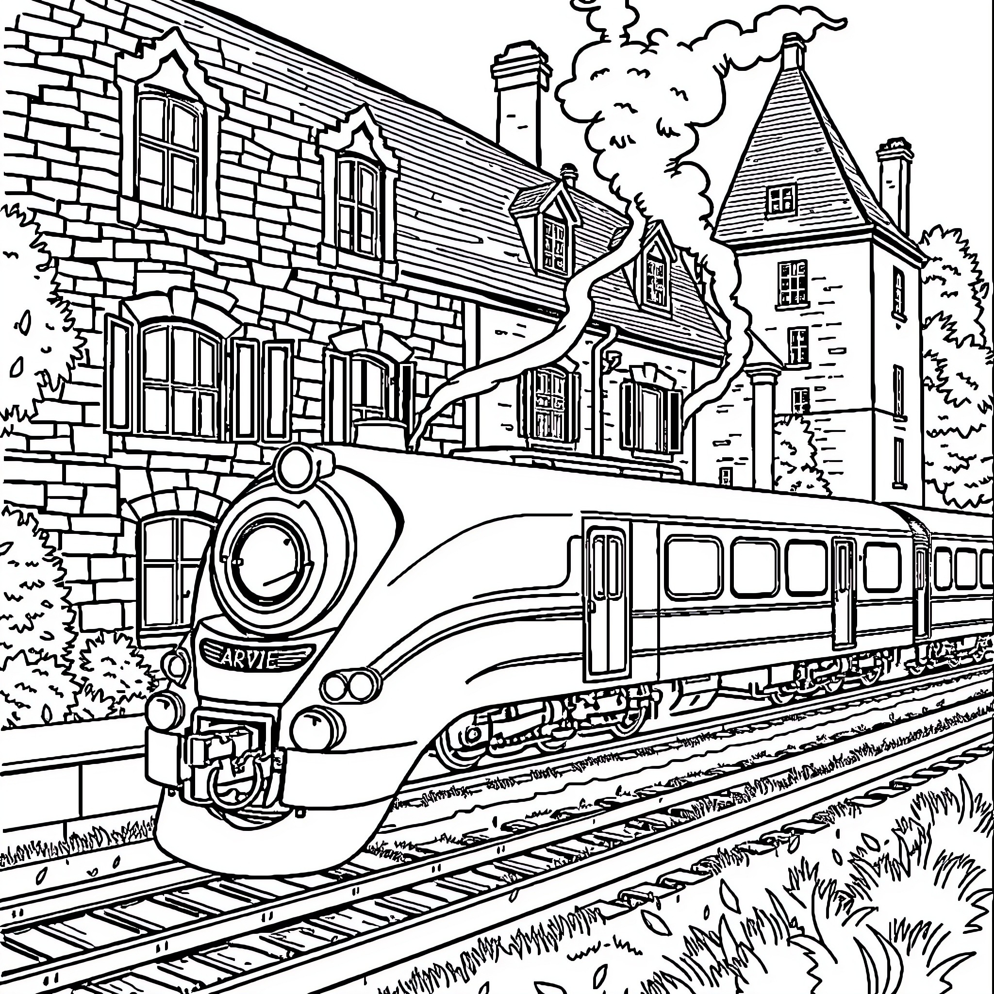 Train Passing Through Quaint Village Scenery Coloring Page (free black-and-white line drawing printable PDF for all, from beginners to advanced learners, including children, teens, adults, and seniors)