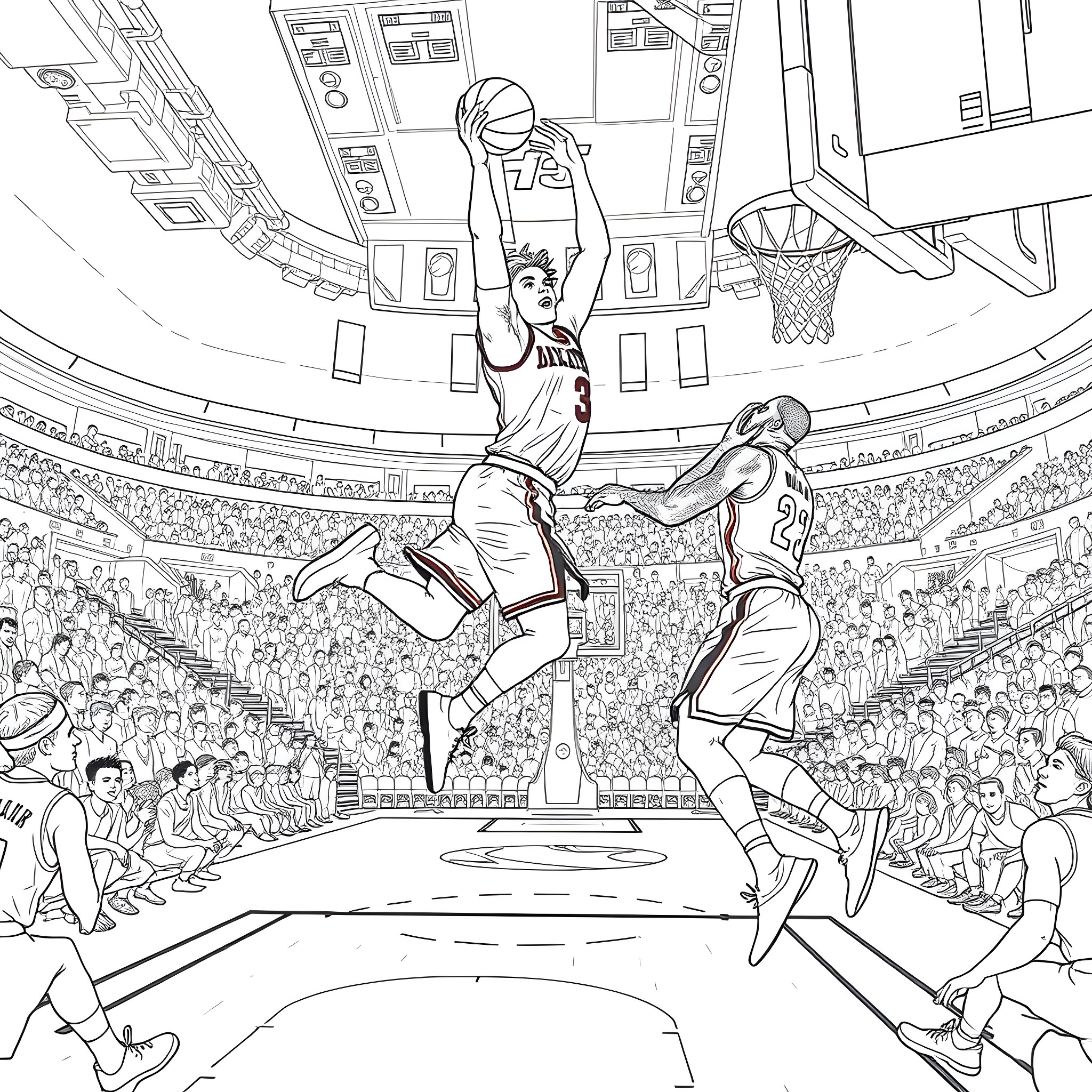 Jayson Tatum Leaping for a Slam Dunk in Basketball Arena Coloring Page (free black-and-white line drawing printable PDF for all, from beginners to advanced learners, including children, teens, adults, and seniors)