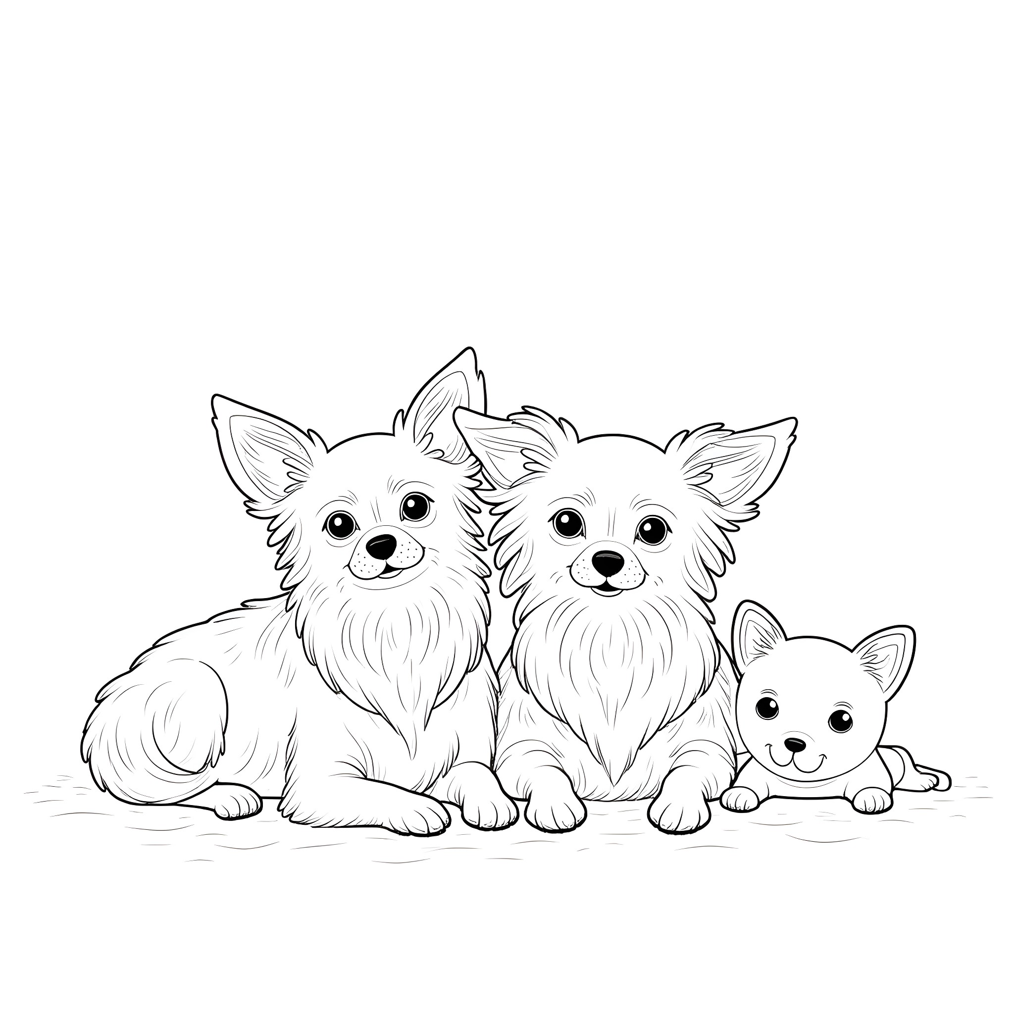 Chihuahuas enjoying a moment together Coloring Page (free black-and-white line drawing printable PDF for all, from beginners to advanced learners, including children, teens, adults, and seniors)