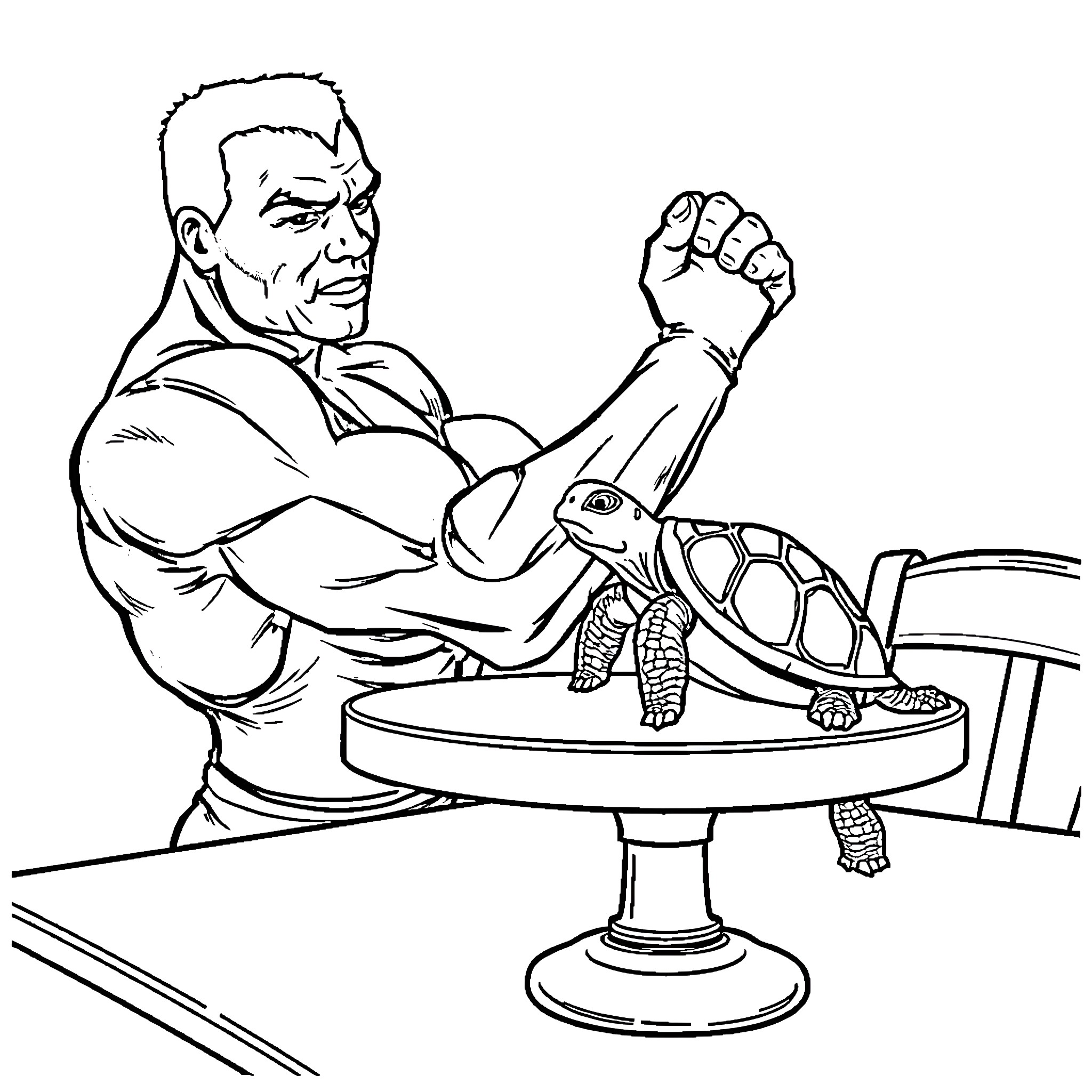 Mike Tyson Interacting with Turtle on Platform Coloring Page (free black-and-white line drawing printable PDF for all, from beginners to advanced learners, including children, teens, adults, and seniors)