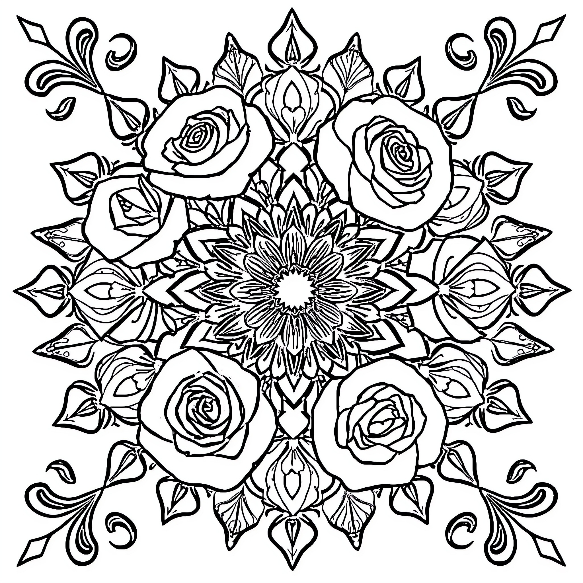 Mandala of Intricate Floral Arrangements Coloring Page (free black-and-white line drawing printable PDF for all, from beginners to advanced learners, including children, teens, adults, and seniors)