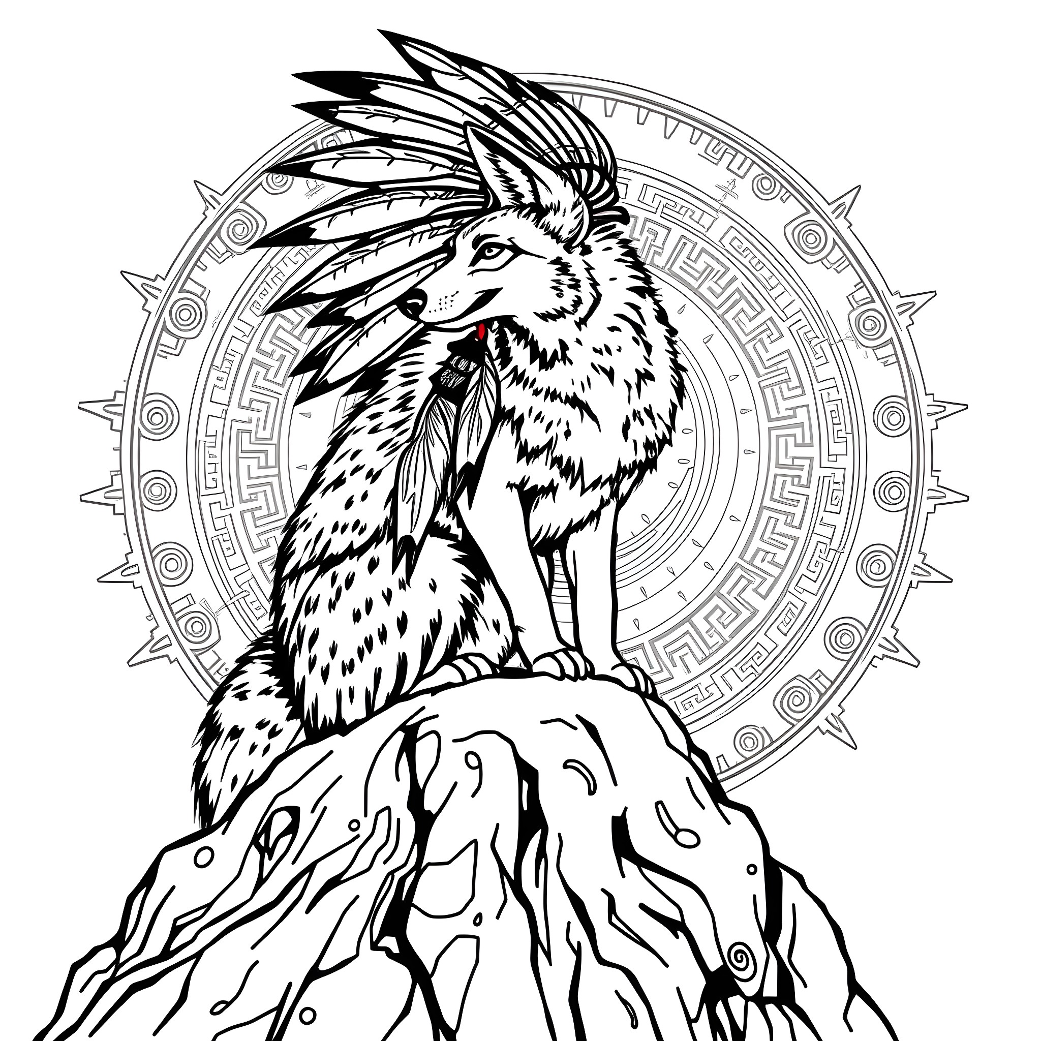 Coyote on the mountain with tribal decoration Coloring Page (free black-and-white line drawing printable PDF for all, from beginners to advanced learners, including children, teens, adults, and seniors)