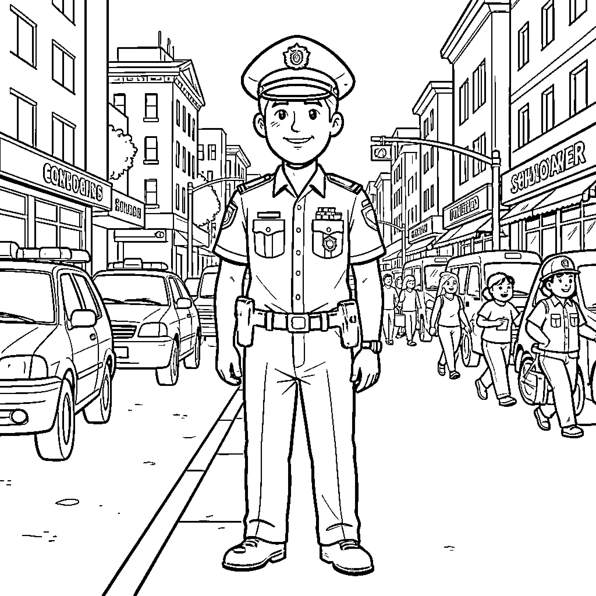Police Officer Directing Traffic on a City Street Coloring Page (free black-and-white line drawing printable PDF for all, from beginners to advanced learners, including children, teens, adults, and seniors)