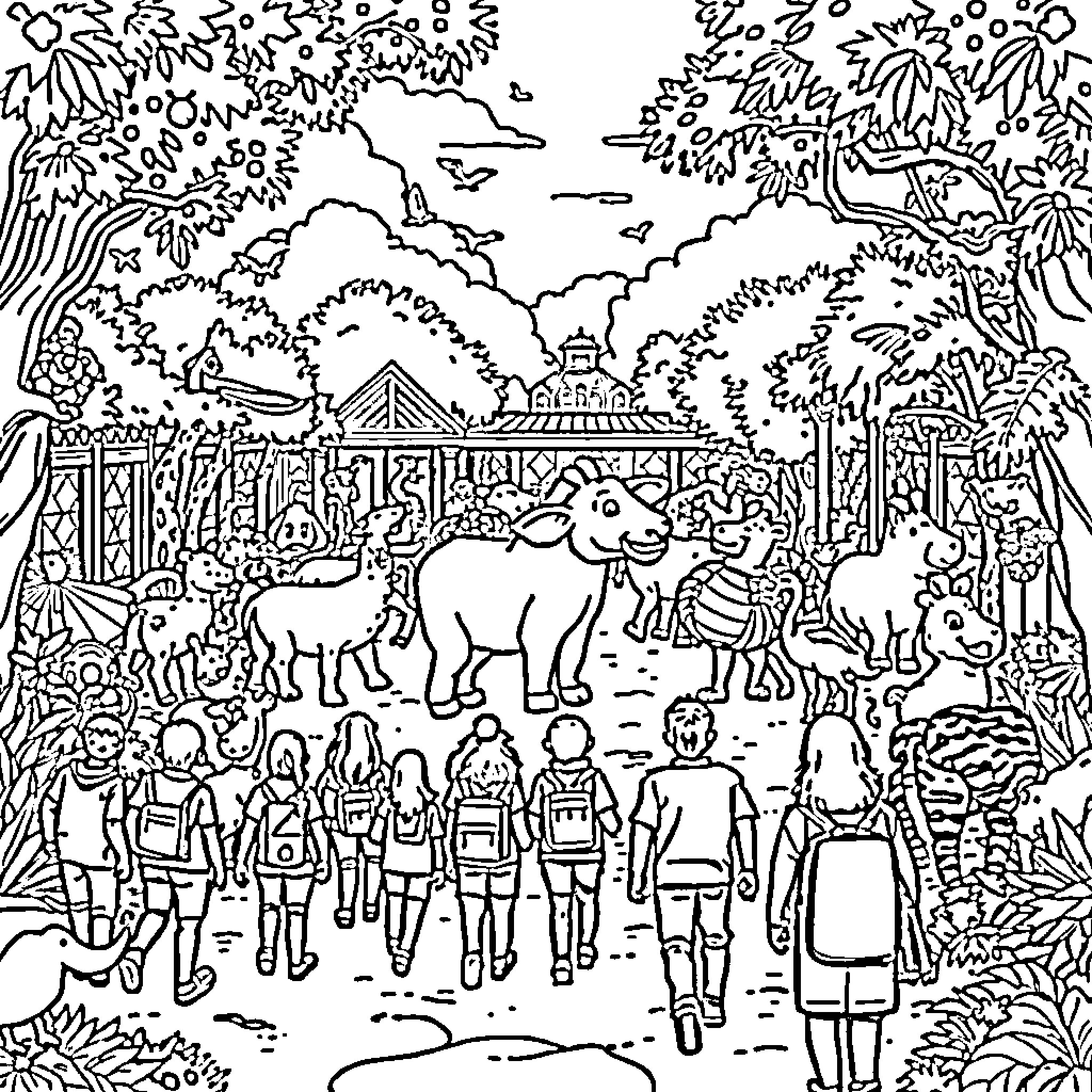 Zoo Scenes with Diverse Visitors and Animal Exhibits Coloring Page (free black-and-white line drawing printable PDF for all, from beginners to advanced learners, including children, teens, adults, and seniors)