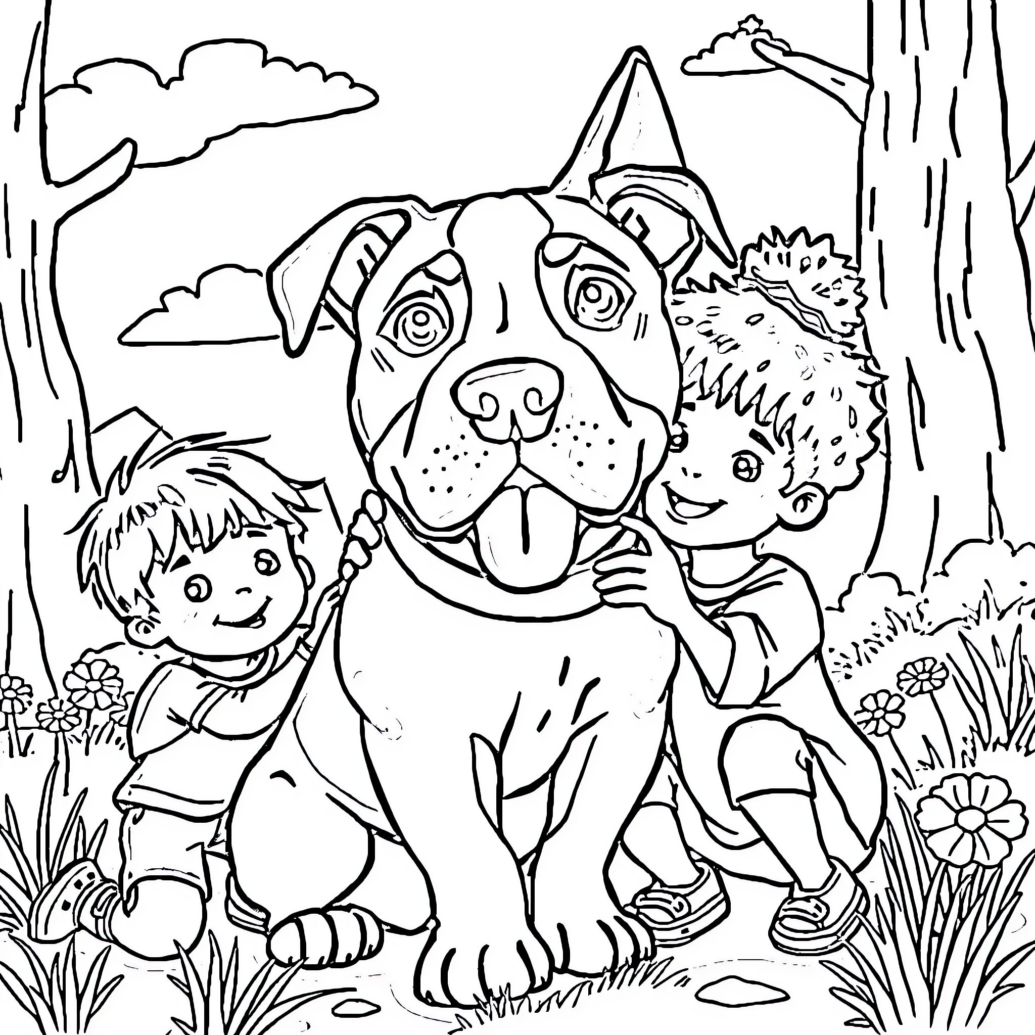 Pitbull playing with a child in a forest Coloring Page (free black-and-white line drawing printable PDF for all, from beginners to advanced learners, including children, teens, adults, and seniors)