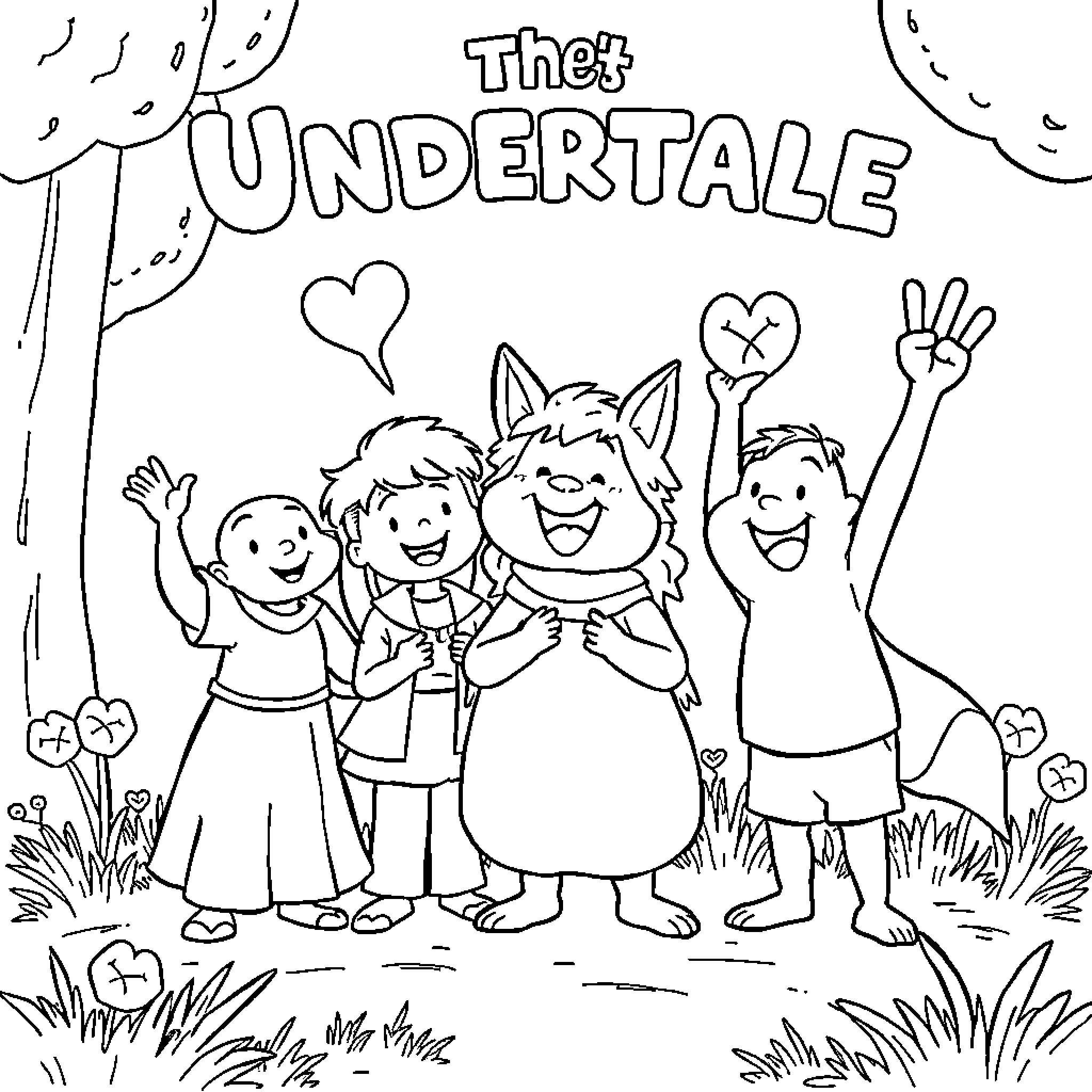 Undertale characters cheerfully posing outdoors Coloring Page (free black-and-white line drawing printable PDF for all, from beginners to advanced learners, including children, teens, adults, and seniors)