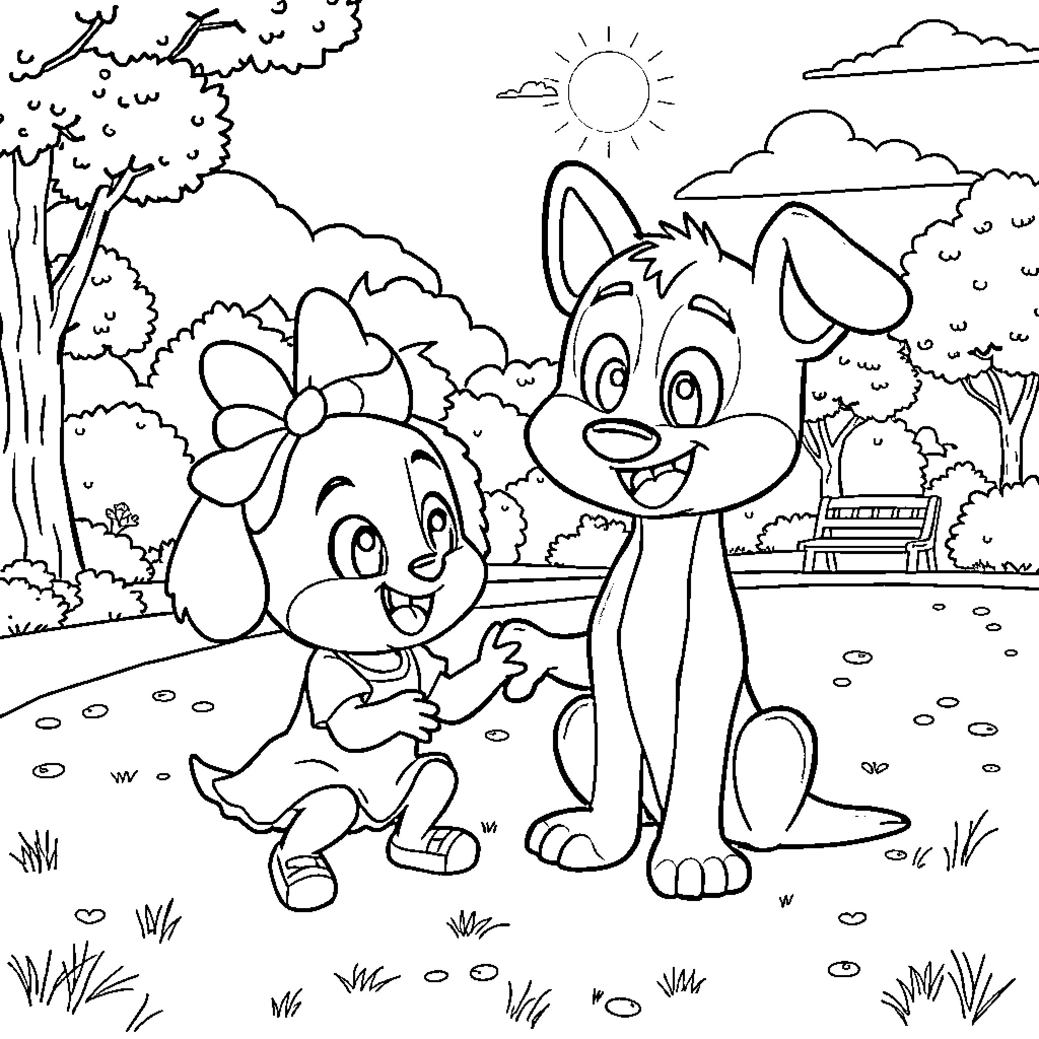 Bluey and Bingo Playing in the Park Coloring Page (free black-and-white line drawing printable PDF for all, from beginners to advanced learners, including children, teens, adults, and seniors)