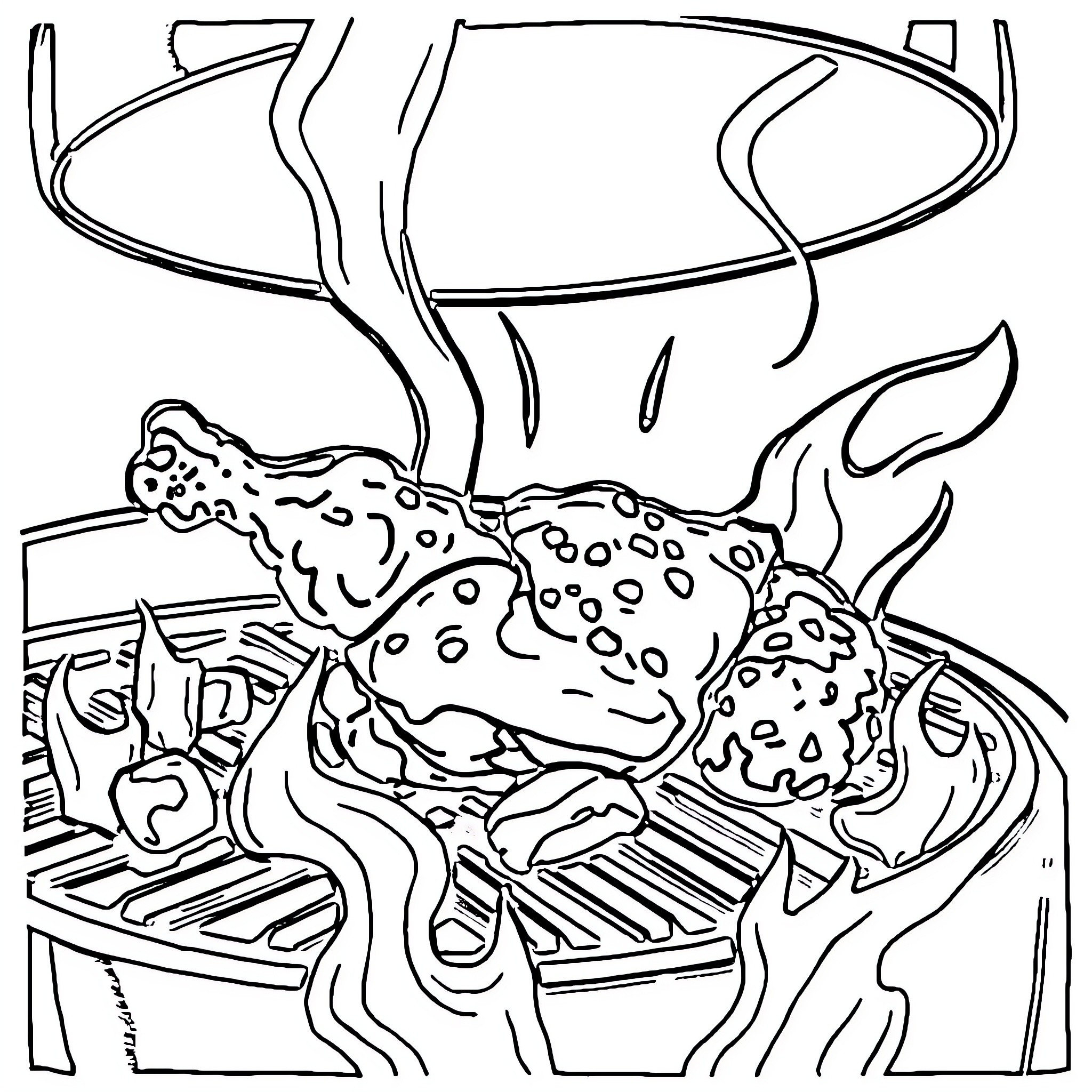 Chicken-like creature in surreal environment Coloring Page (free black-and-white line drawing printable PDF for all, from beginners to advanced learners, including children, teens, adults, and seniors)