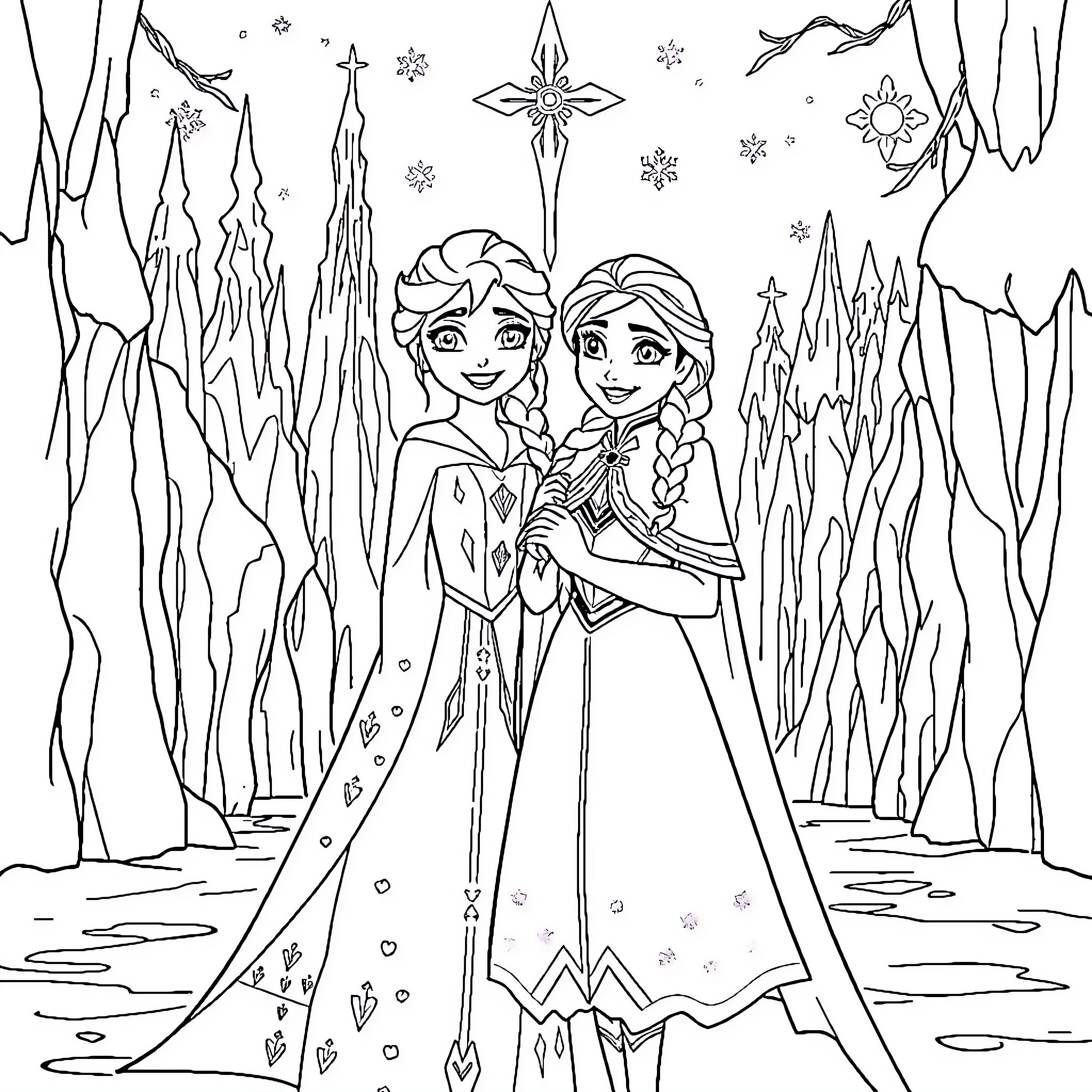 Elsa and Anna embracing in a winter wonderland Coloring Page (free black-and-white line drawing printable PDF for all, from beginners to advanced learners, including children, teens, adults, and seniors)