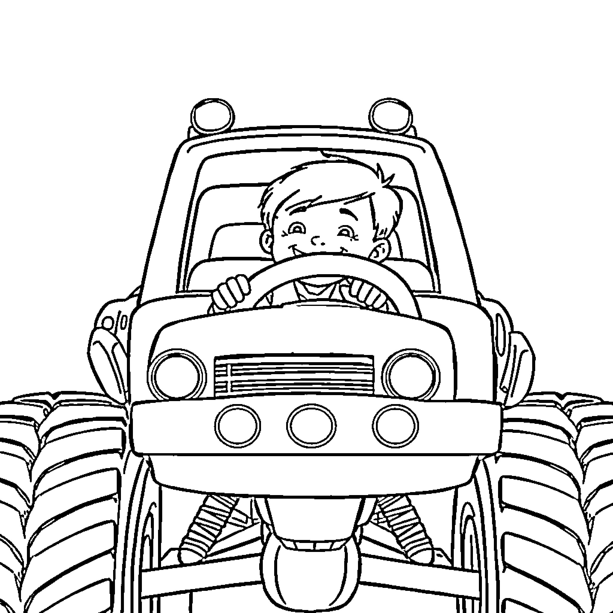Monster Truck driven by a boy with excitement Coloring Page (free black-and-white line drawing printable PDF for all, from beginners to advanced learners, including children, teens, adults, and seniors)