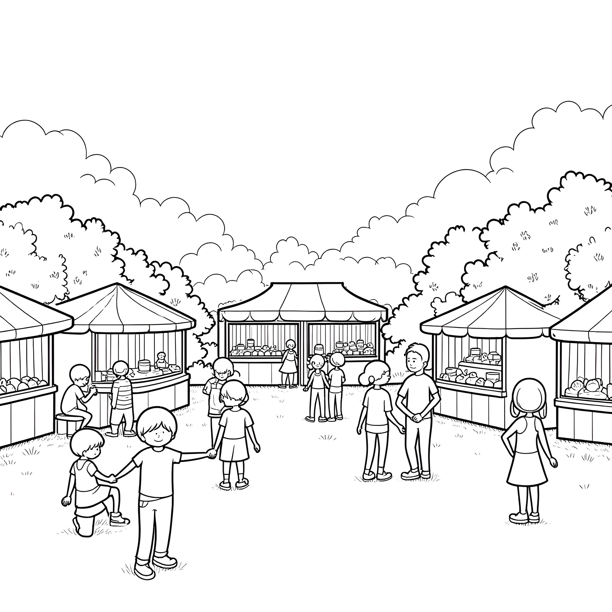 School Field Trip to Outdoor Marketplace Coloring Page (free black-and-white line drawing printable PDF for all, from beginners to advanced learners, including children, teens, adults, and seniors)
