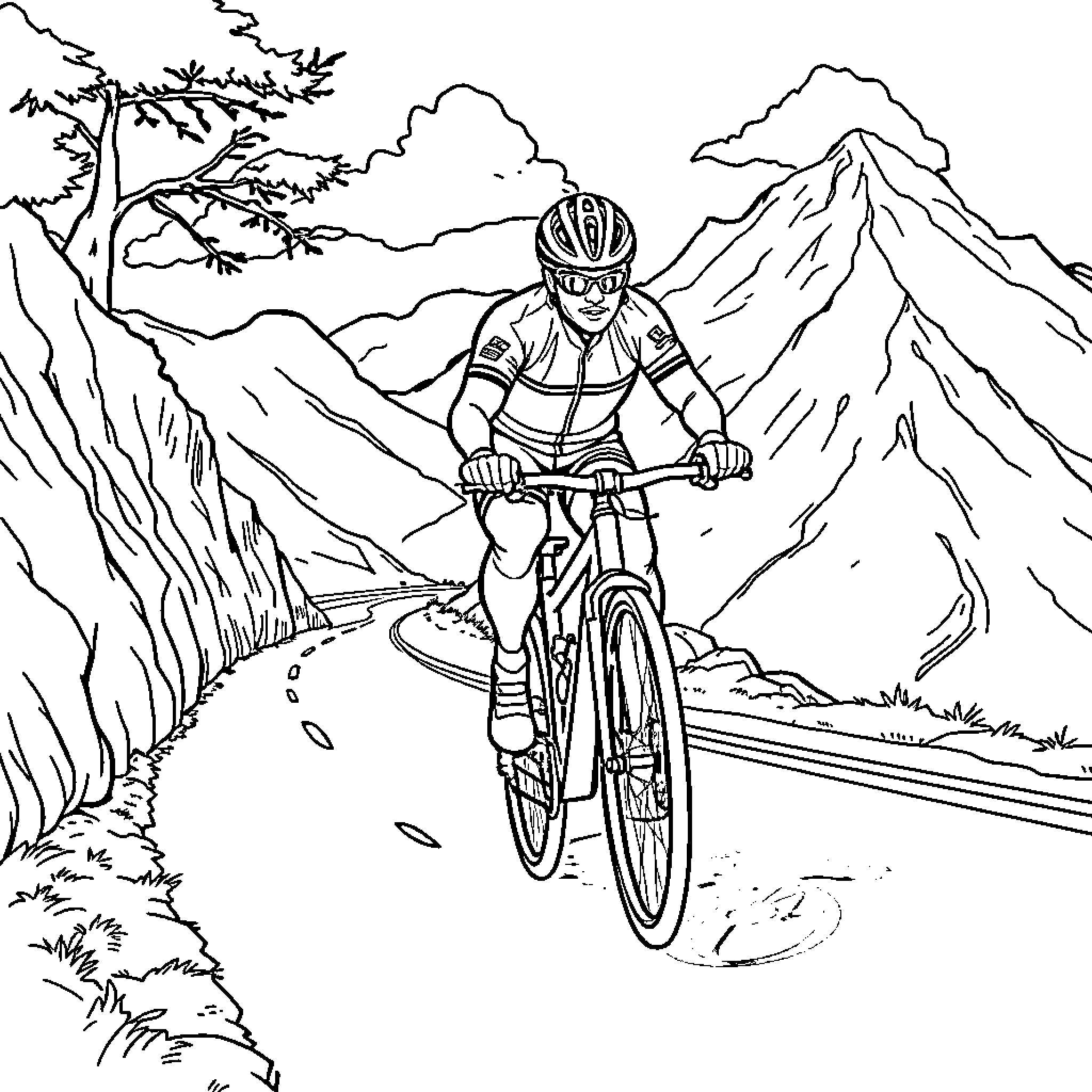 Tadej Pogacar cycling through scenic mountain landscape Coloring Page (free black-and-white line drawing printable PDF for all, from beginners to advanced learners, including children, teens, adults, and seniors)