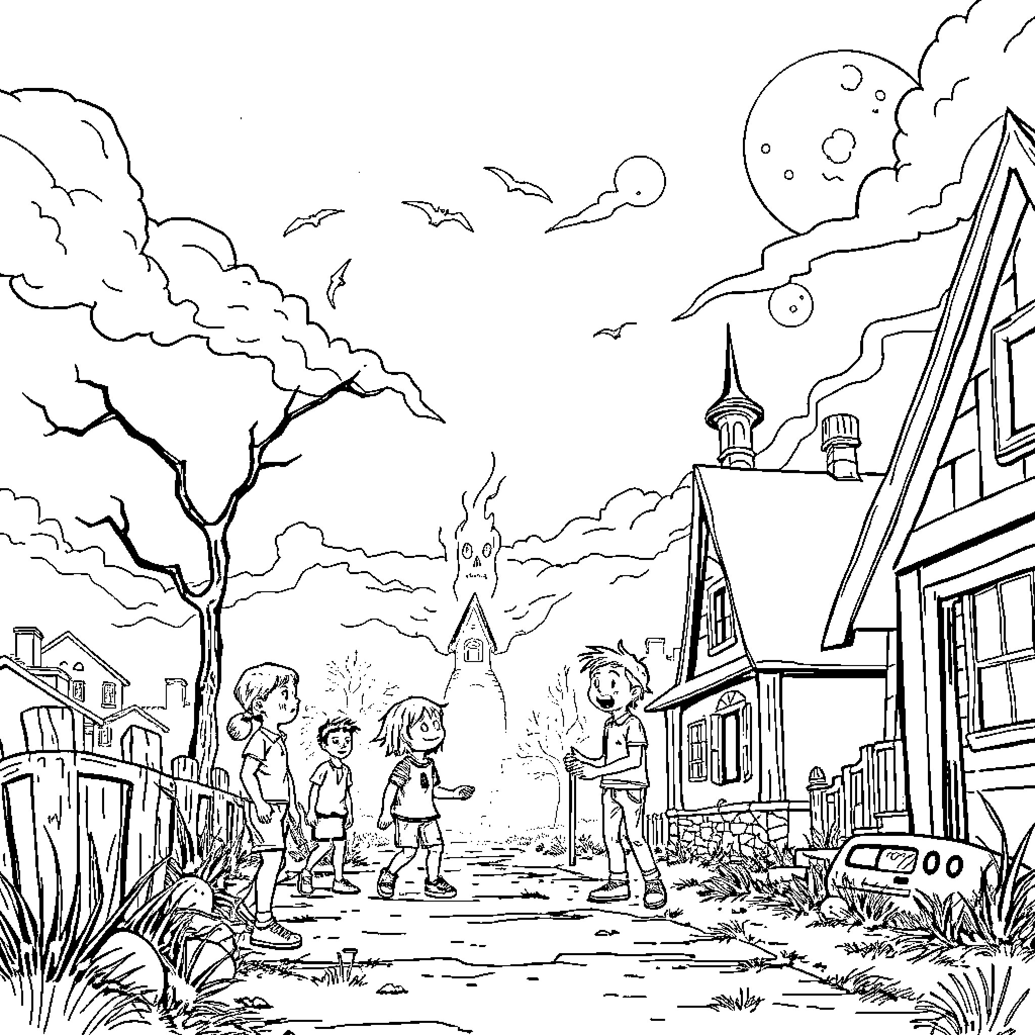 Stranger Things: Children Explore Supernatural Neighborhood Coloring Page (free black-and-white line drawing printable PDF for all, from beginners to advanced learners, including children, teens, adults, and seniors)