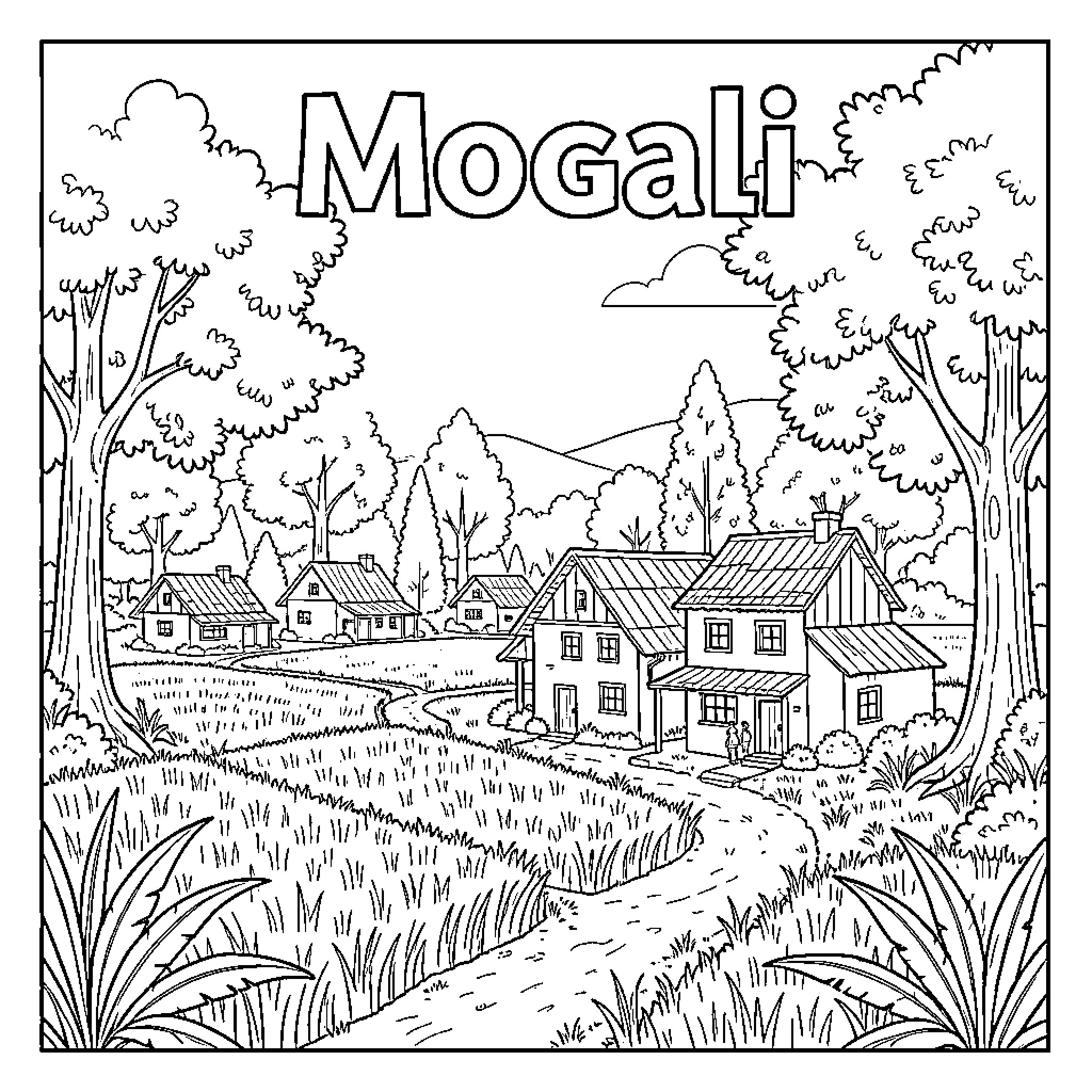 Mogali's Peaceful Countryside Retreat Coloring Page (free black-and-white line drawing printable PDF for all, from beginners to advanced learners, including children, teens, adults, and seniors)