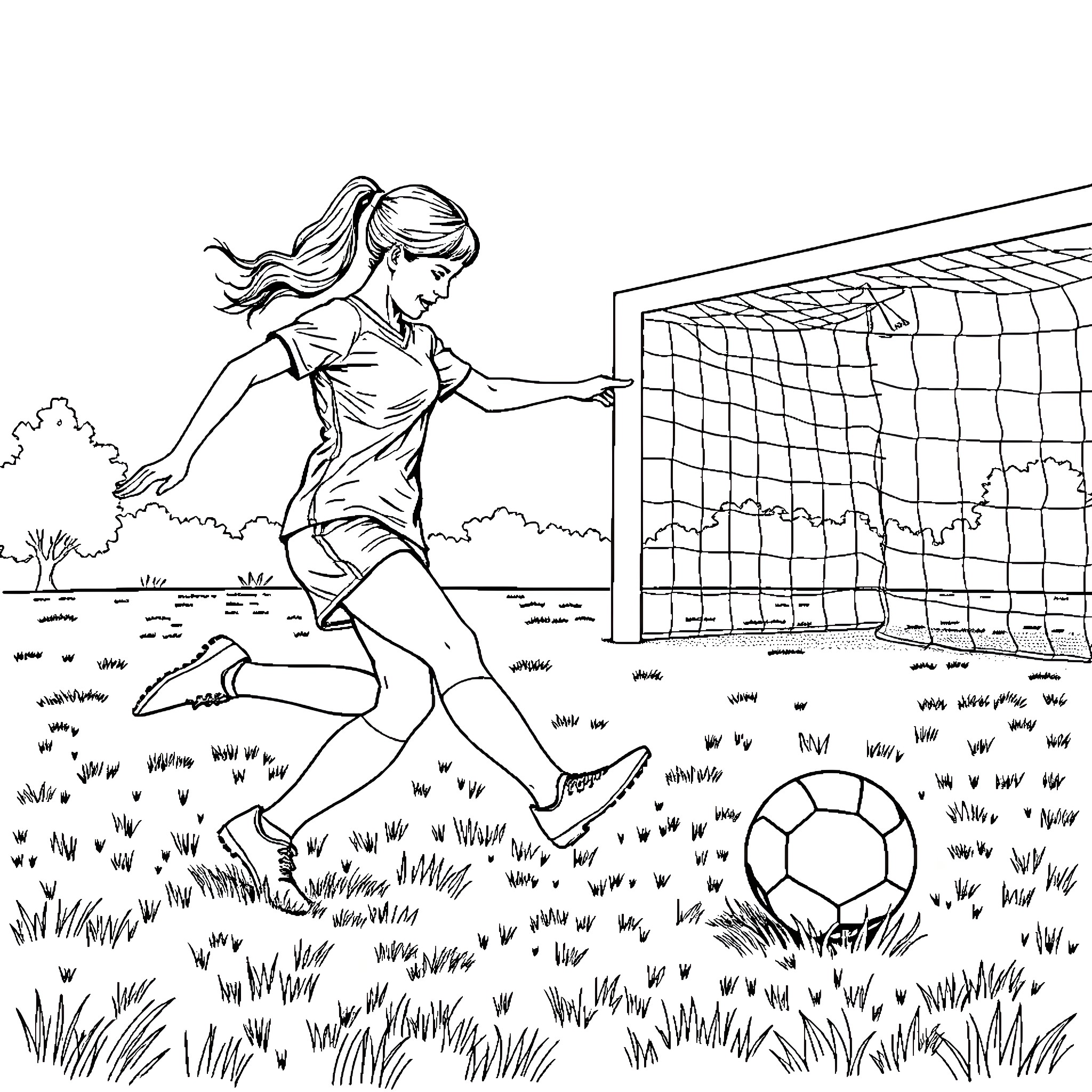 Soccer Player Kicking Ball in Outdoor Field Coloring Page (free black-and-white line drawing printable PDF for all, from beginners to advanced learners, including children, teens, adults, and seniors)