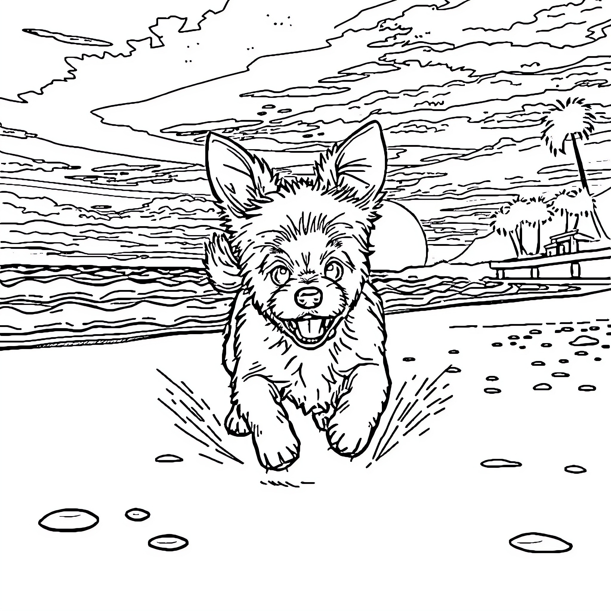 Dog joyfully running on the beach Coloring Page (free black-and-white line drawing printable PDF for all, from beginners to advanced learners, including children, teens, adults, and seniors)