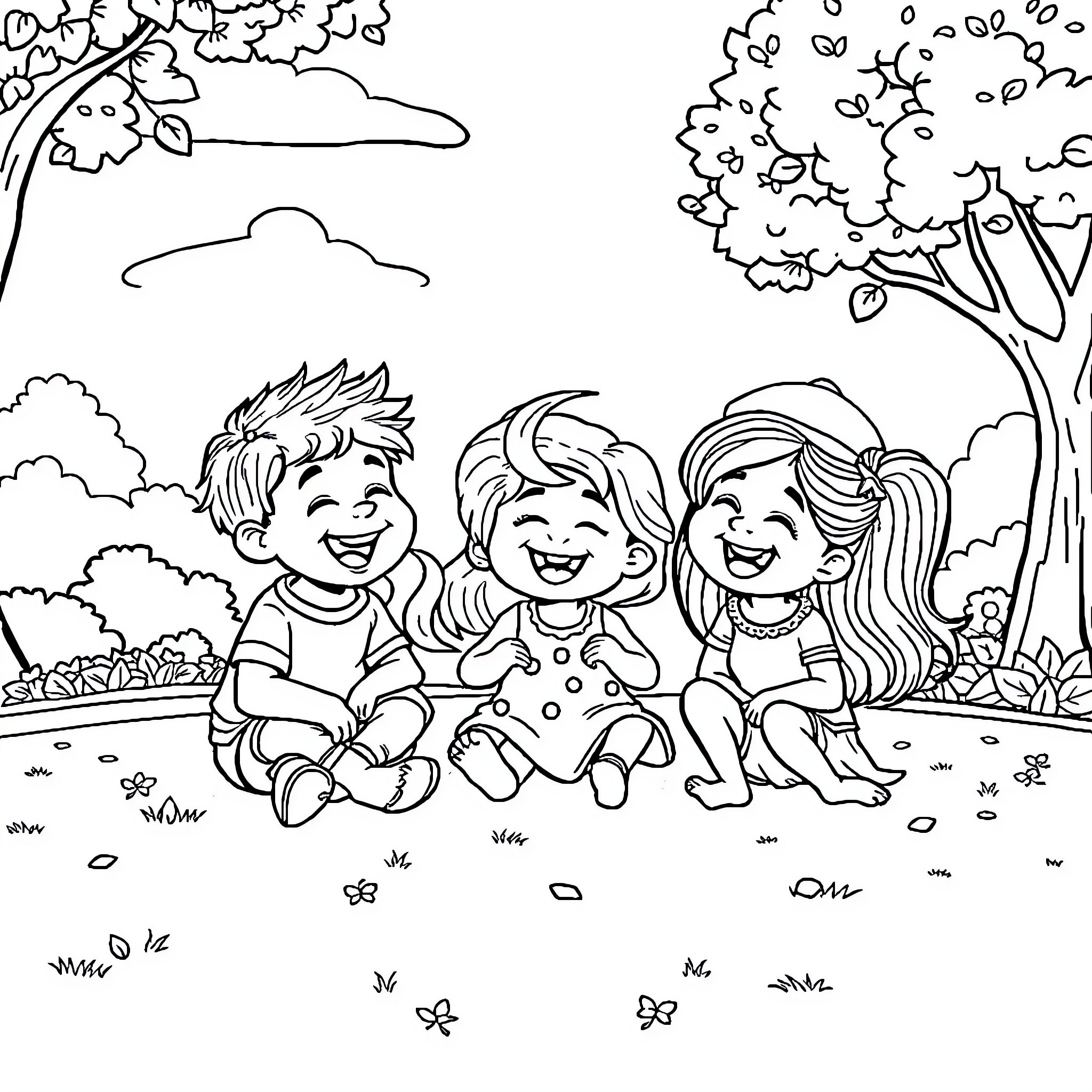 Kunda's Joyful Playtime in Nature Coloring Page (free black-and-white line drawing printable PDF for all, from beginners to advanced learners, including children, teens, adults, and seniors)