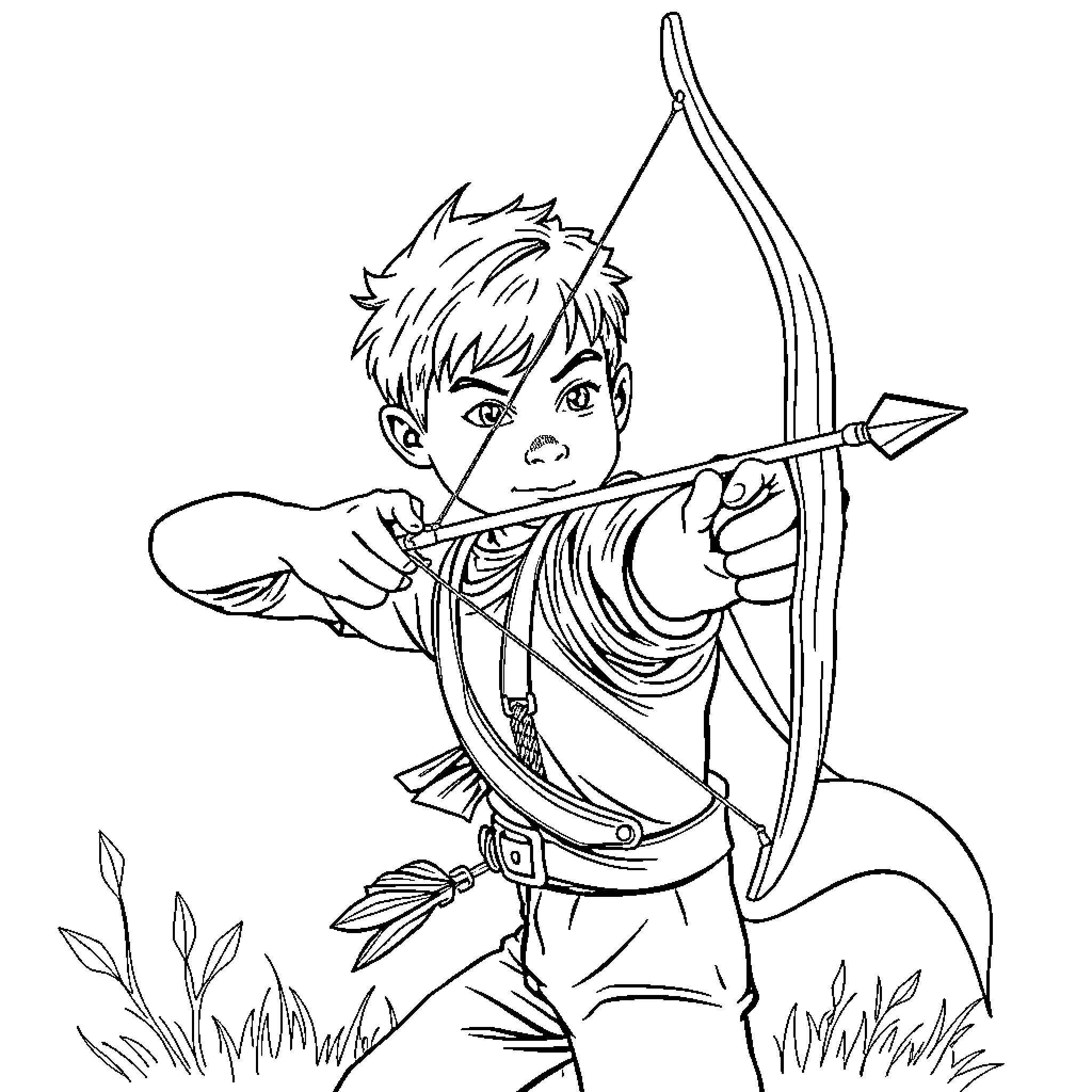Boy practicing archery in the wilderness Coloring Page (free black-and-white line drawing printable PDF for all, from beginners to advanced learners, including children, teens, adults, and seniors)