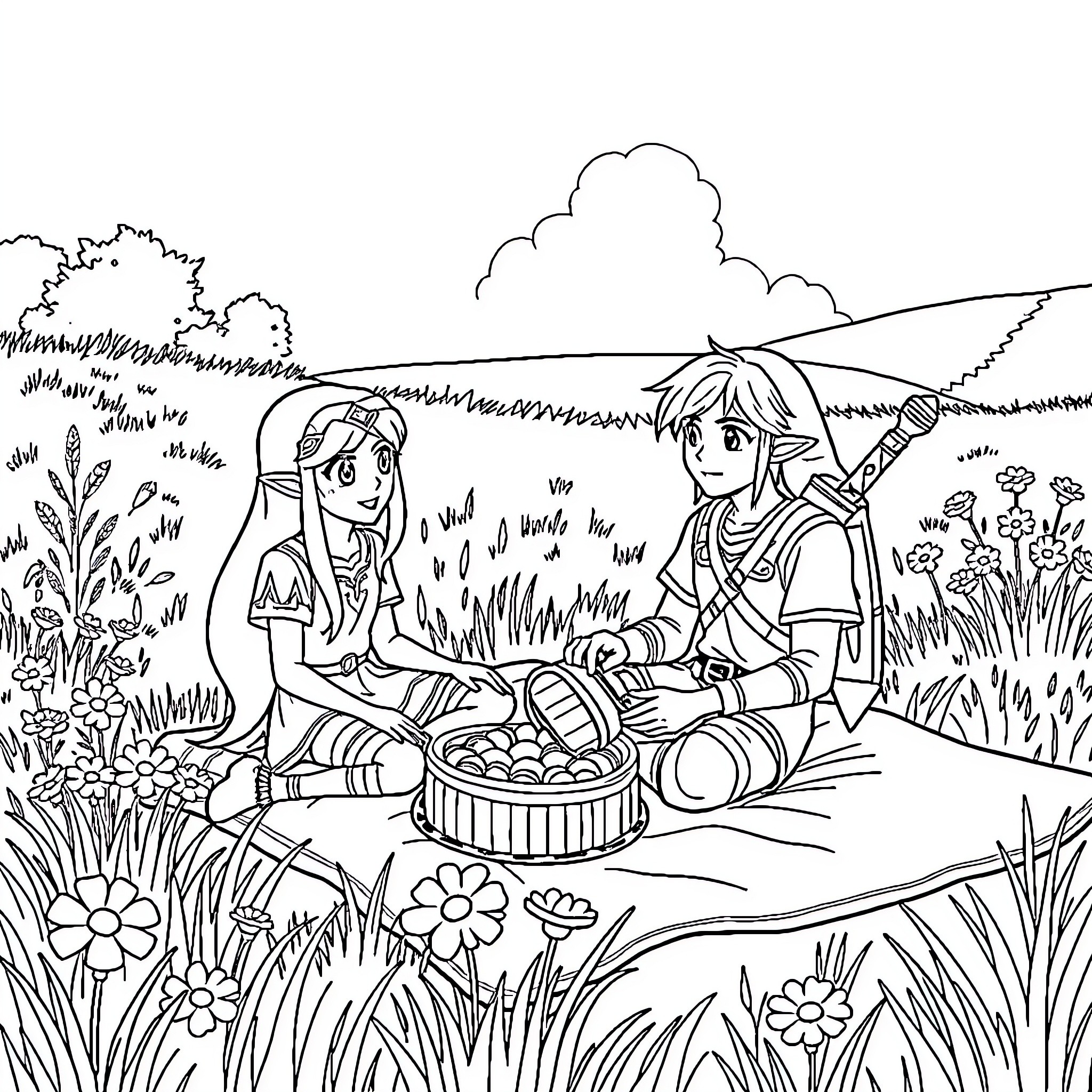 Zelda characters sharing a picnic in the countryside Coloring Page (free black-and-white line drawing printable PDF for all, from beginners to advanced learners, including children, teens, adults, and seniors)