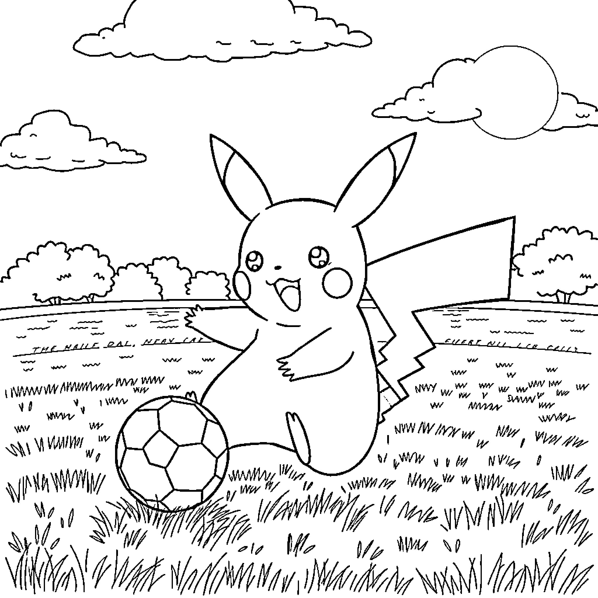 Pikachu playing with soccer ball in the park Coloring Page (free black-and-white line drawing printable PDF for all, from beginners to advanced learners, including children, teens, adults, and seniors)