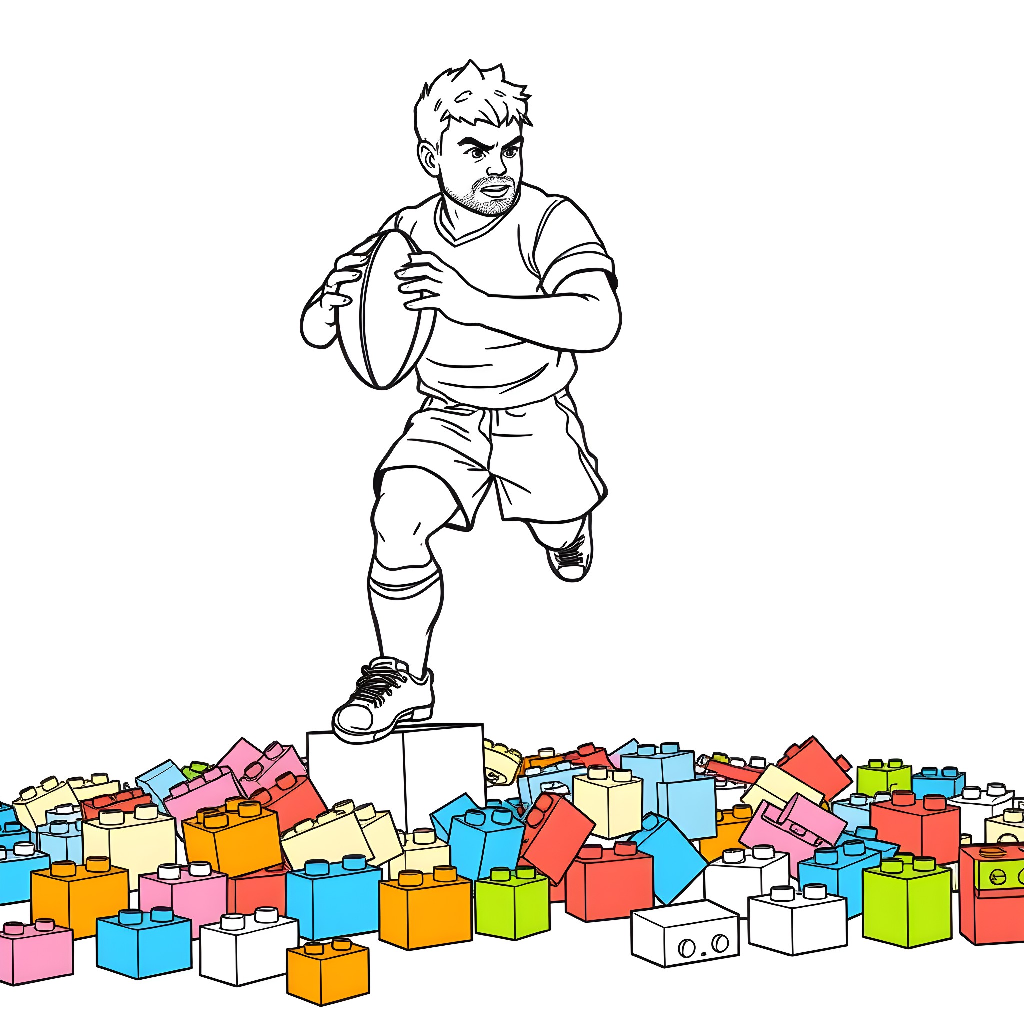 Rugby Player Charging Through Colorful Toy Blocks Coloring Page (free black-and-white line drawing printable PDF for all, from beginners to advanced learners, including children, teens, adults, and seniors)