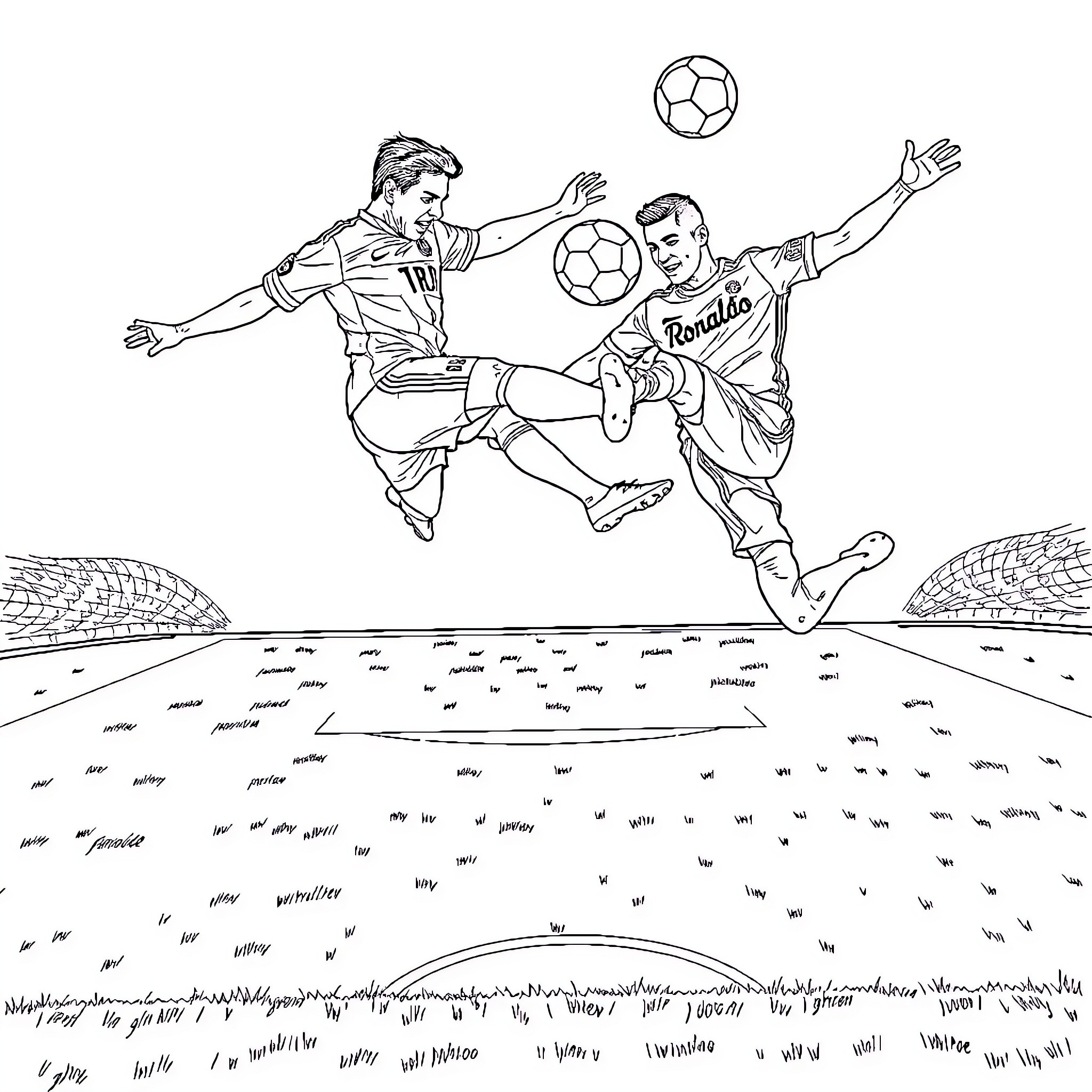 Soccer Players Competing for Ball in Outdoor Match Coloring Page (free black-and-white line drawing printable PDF for all, from beginners to advanced learners, including children, teens, adults, and seniors)