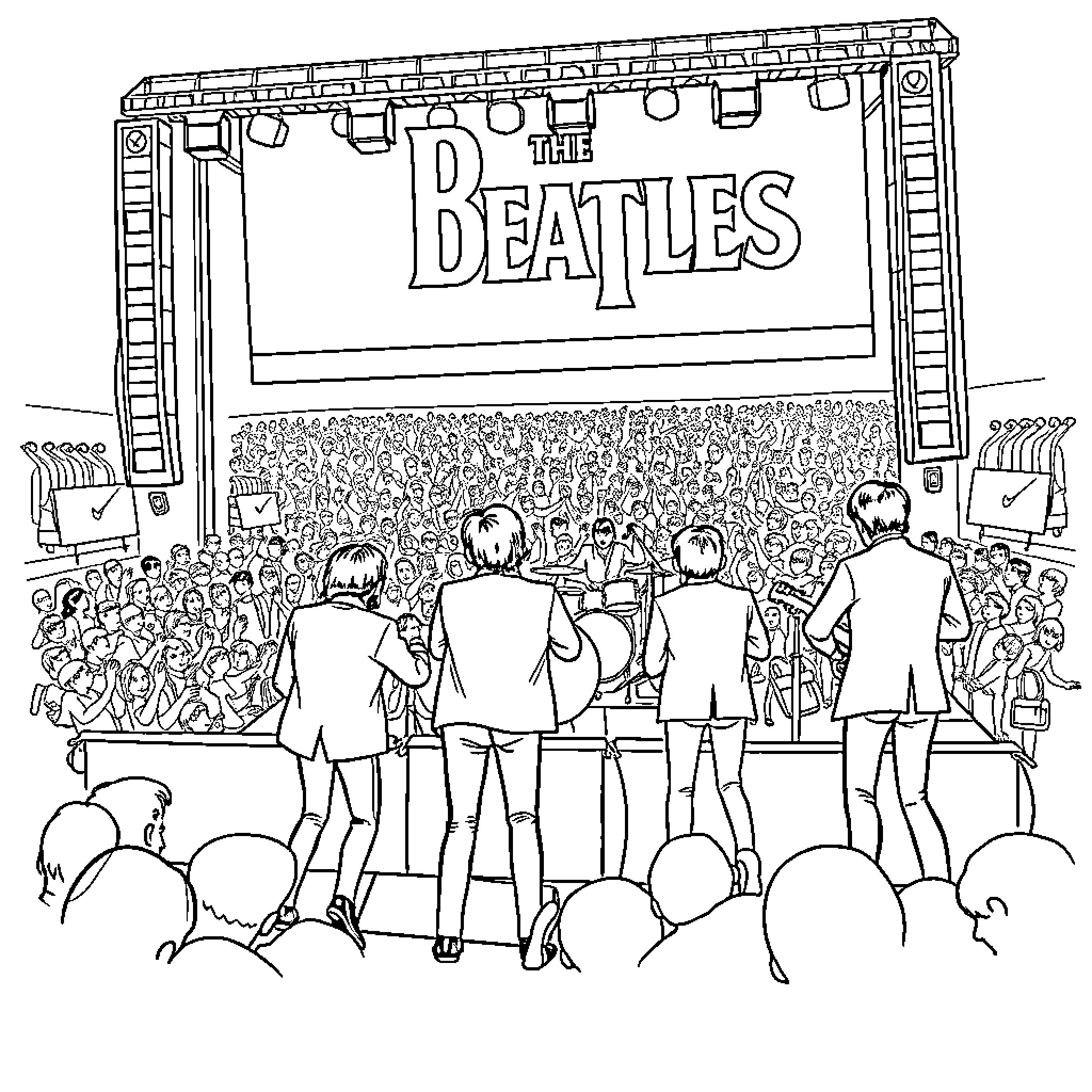 Beatles performing on stage in front of a crowd Coloring Page (free black-and-white line drawing printable PDF for all, from beginners to advanced learners, including children, teens, adults, and seniors)