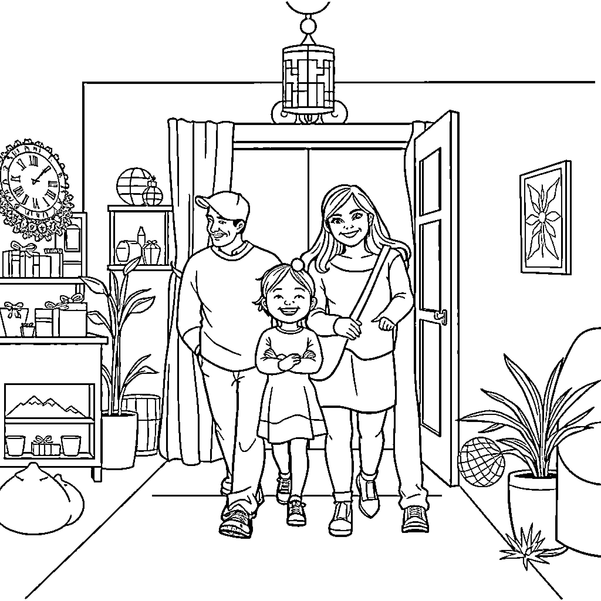 Family enjoying a cozy moment at home Coloring Page (free black-and-white line drawing printable PDF for all, from beginners to advanced learners, including children, teens, adults, and seniors)