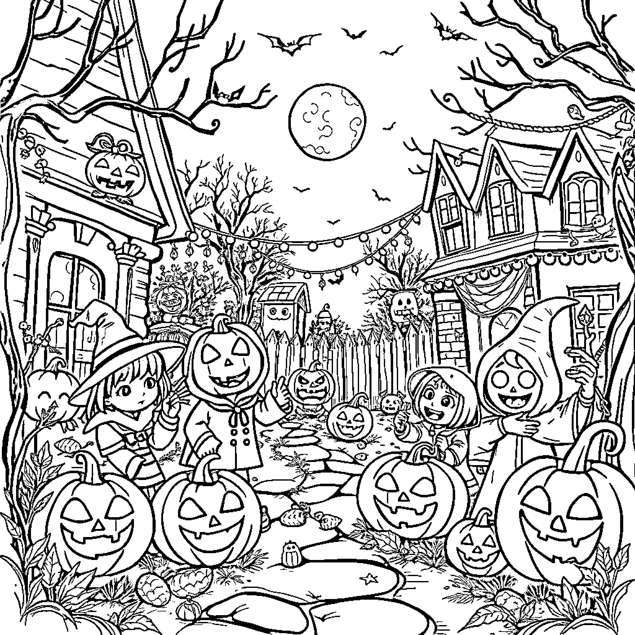 Halloween decorations and costumed characters in a spooky village Coloring Page (free black-and-white line drawing printable PDF for all, from beginners to advanced learners, including children, teens, adults, and seniors)