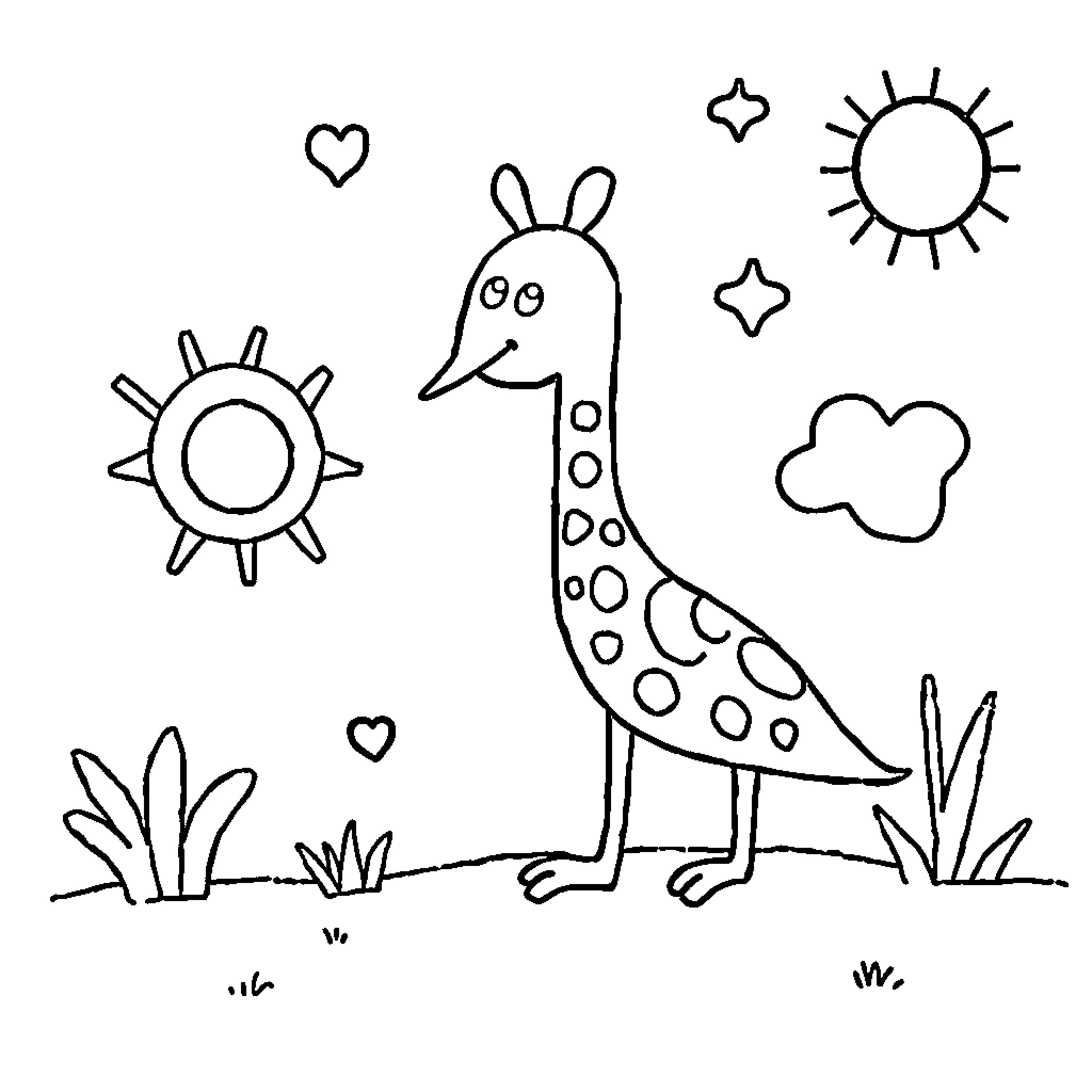 Drawing of a Cheerful Giraffe in Nature Coloring Page (free black-and-white line drawing printable PDF for all, from beginners to advanced learners, including children, teens, adults, and seniors)