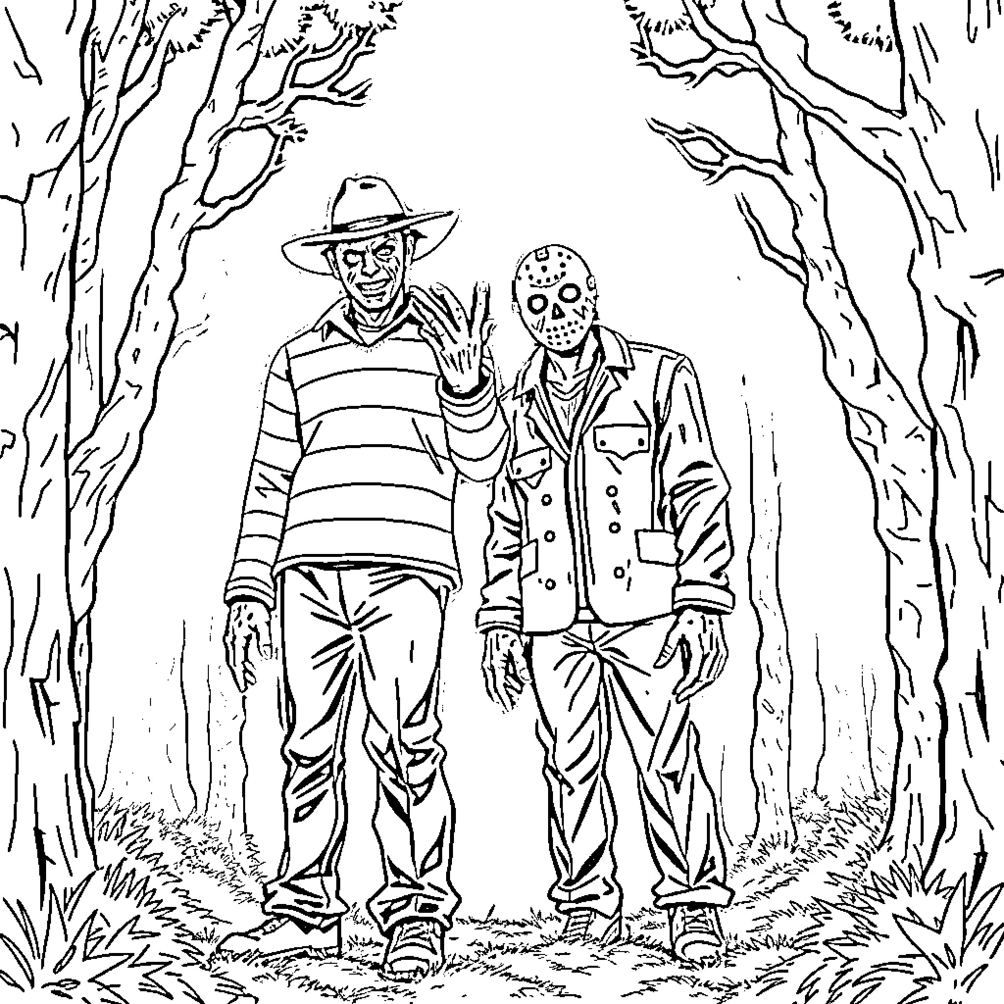 Horror Characters in a Spooky Forest Coloring Page (free black-and-white line drawing printable PDF for all, from beginners to advanced learners, including children, teens, adults, and seniors)