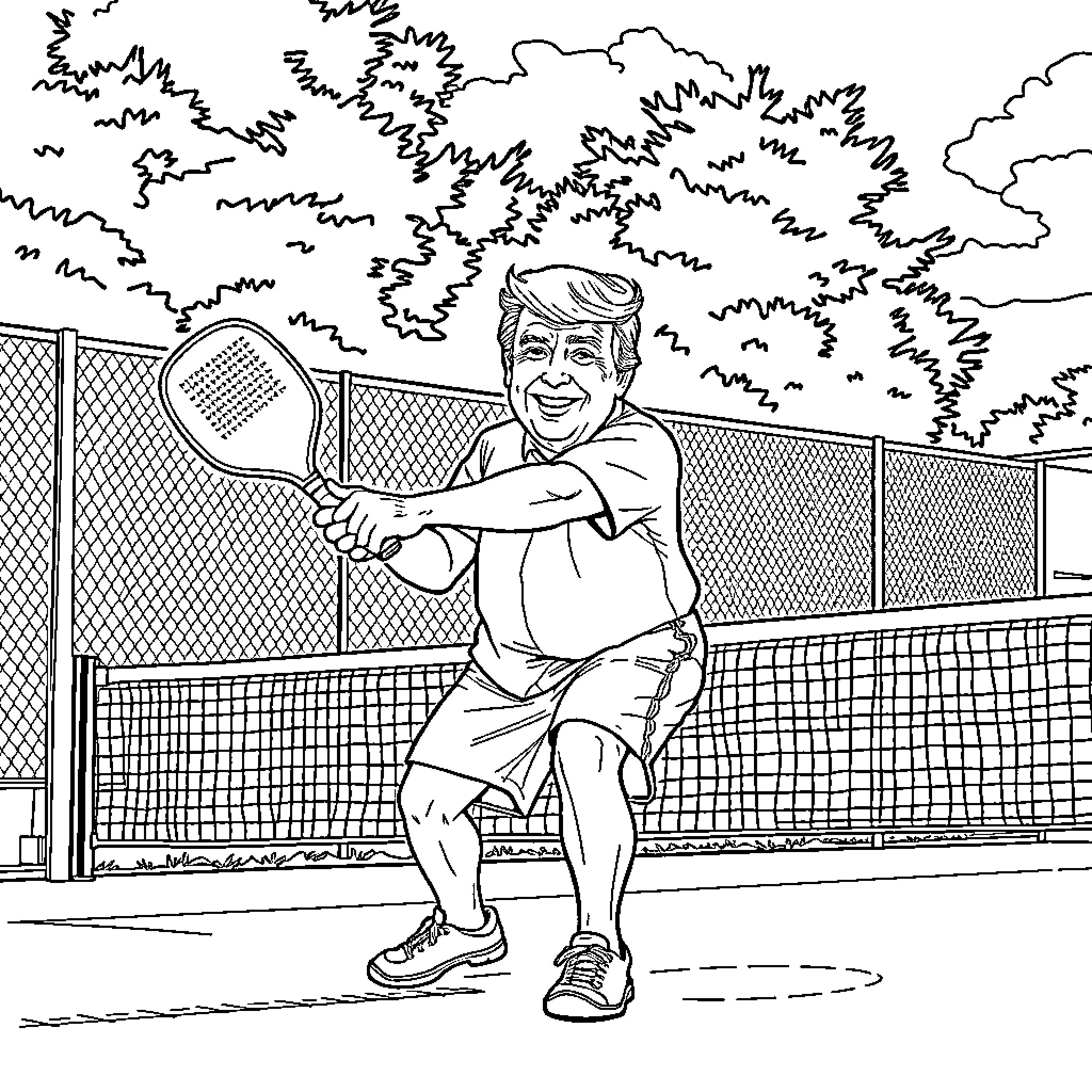 Donald Trump Playing Tennis on the Court Coloring Page (free black-and-white line drawing printable PDF for all, from beginners to advanced learners, including children, teens, adults, and seniors)