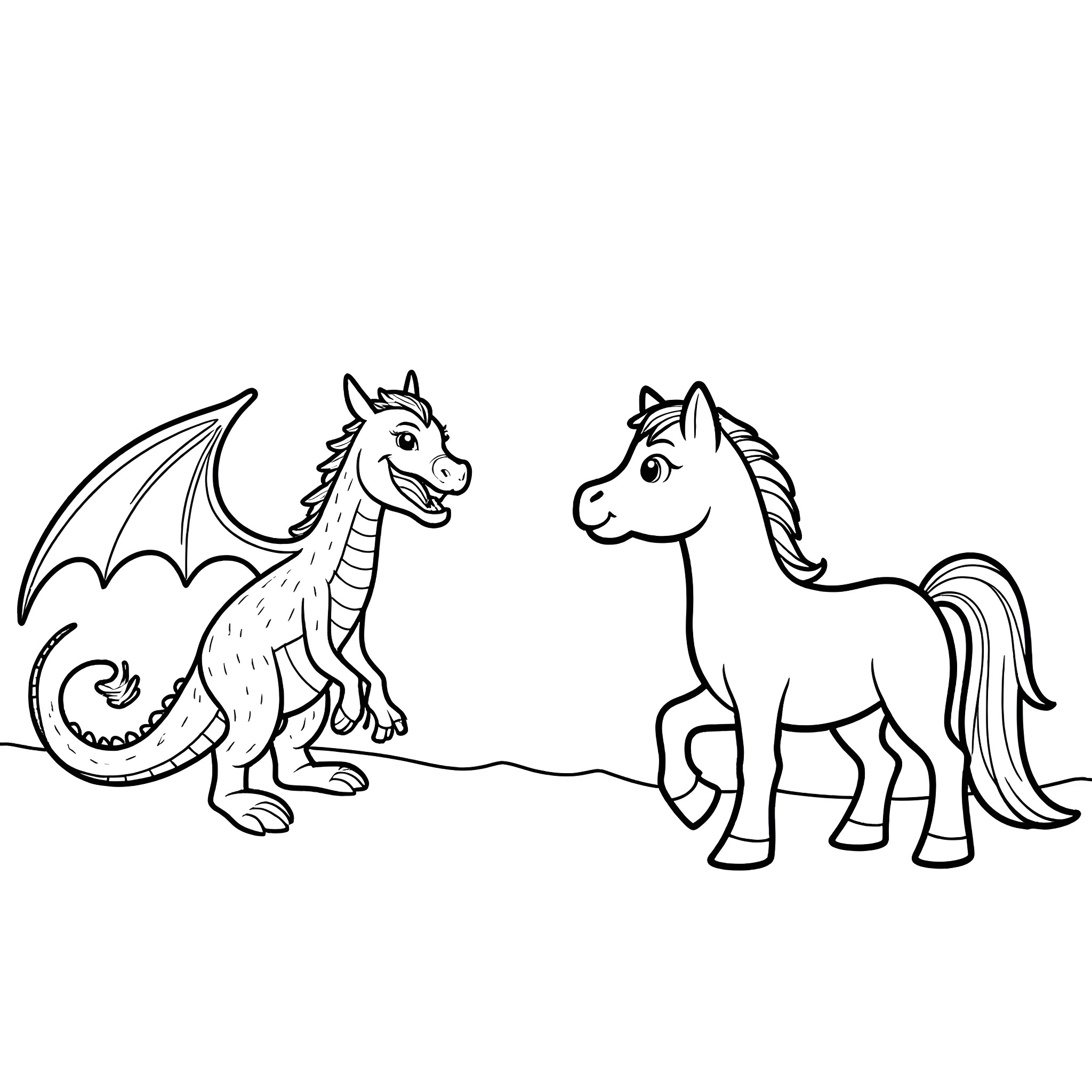Pony and dragon playing together in fantasy land Coloring Page (free black-and-white line drawing printable PDF for all, from beginners to advanced learners, including children, teens, adults, and seniors)