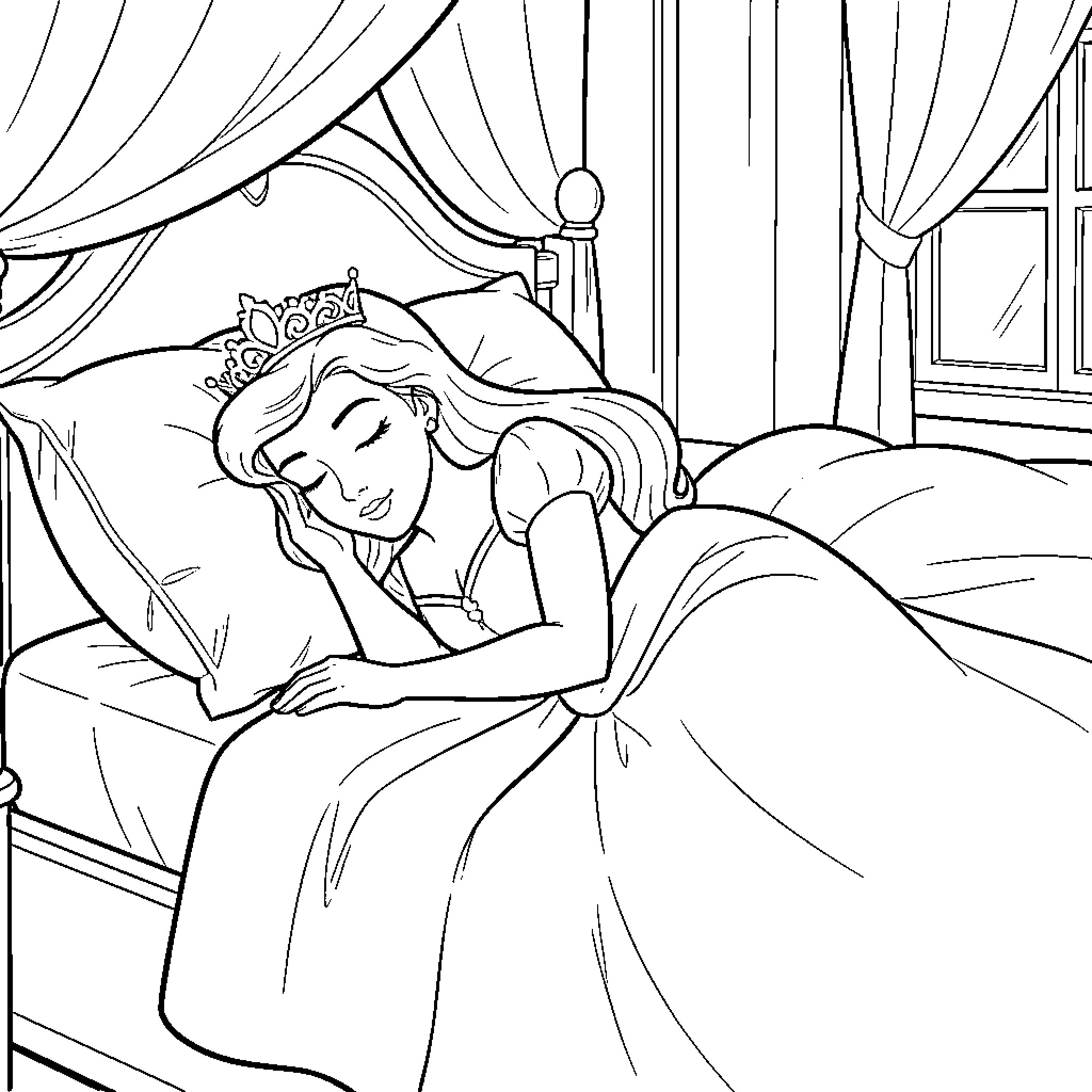 Princess resting peacefully in her royal chamber Coloring Page (free black-and-white line drawing printable PDF for all, from beginners to advanced learners, including children, teens, adults, and seniors)