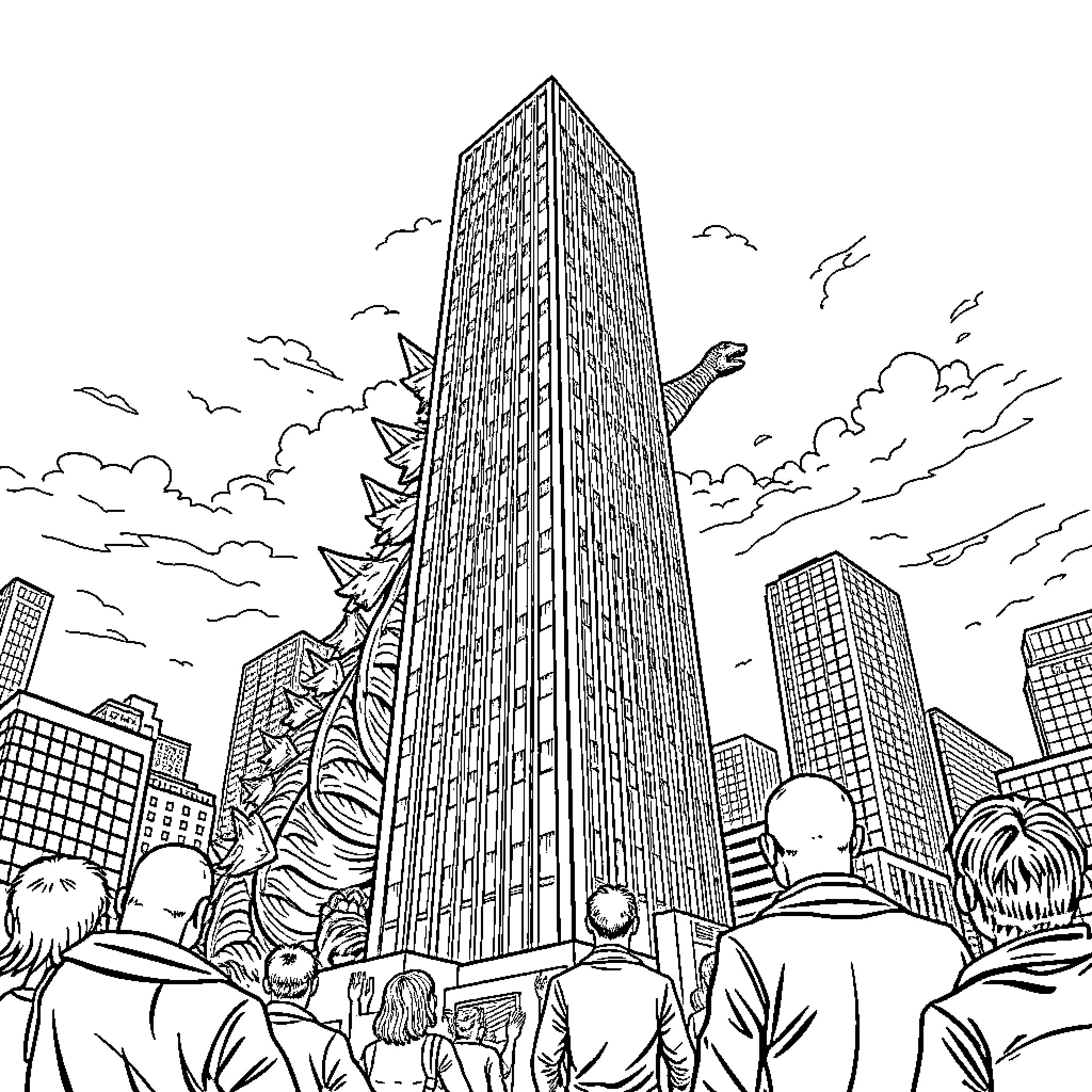 Godzilla towers over a bustling city skyline Coloring Page (free black-and-white line drawing printable PDF for all, from beginners to advanced learners, including children, teens, adults, and seniors)