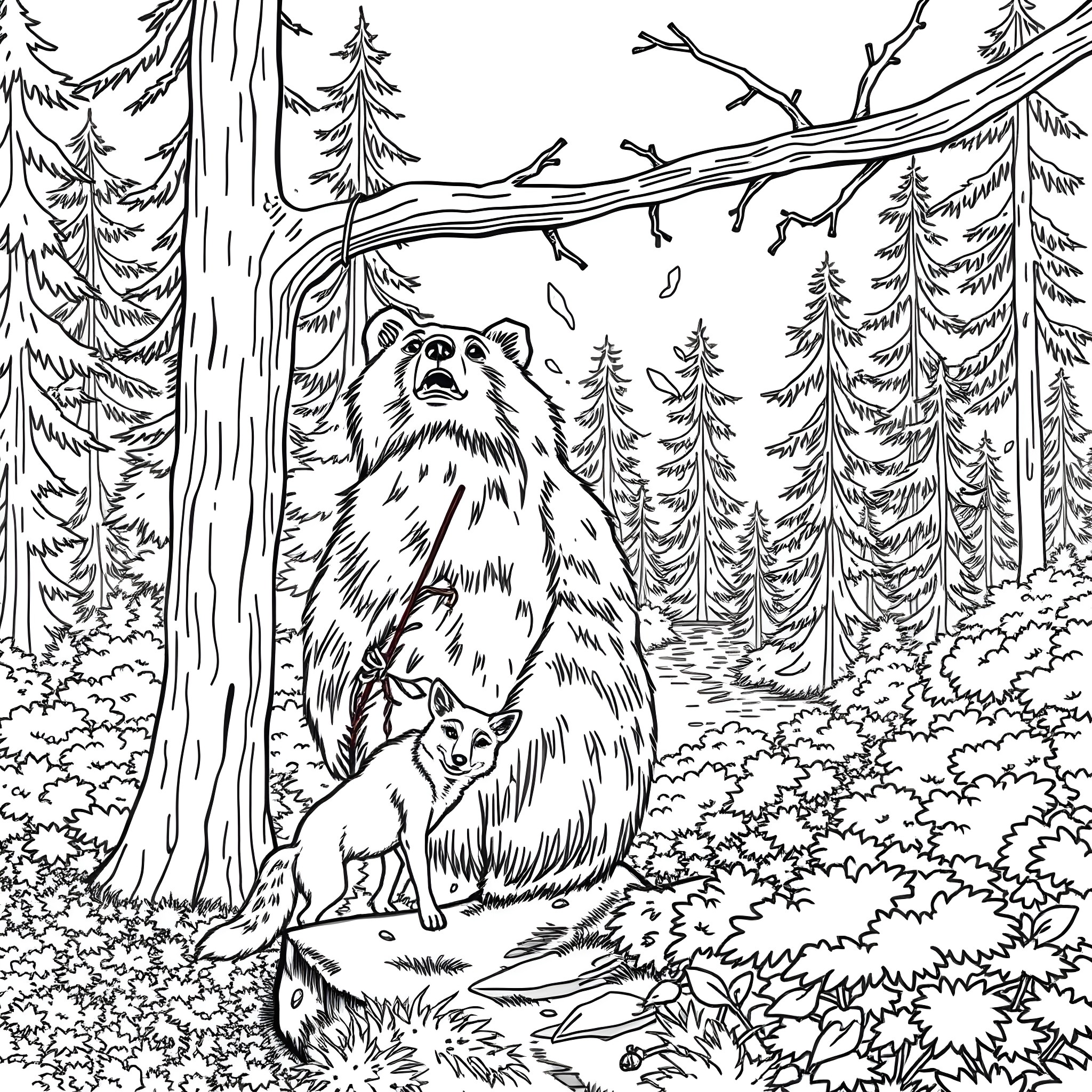 Coyote and its Pup in the Forest Coloring Page (free black-and-white line drawing printable PDF for all, from beginners to advanced learners, including children, teens, adults, and seniors)