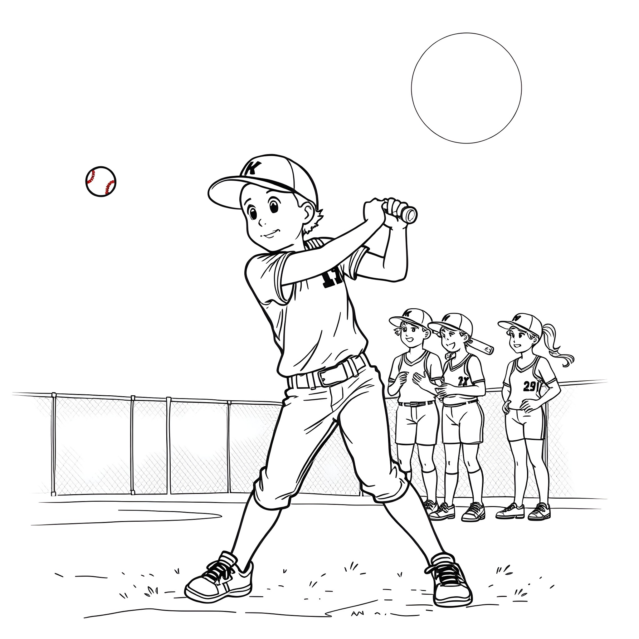 Softball players in action on the field Coloring Page (free black-and-white line drawing printable PDF for all, from beginners to advanced learners, including children, teens, adults, and seniors)