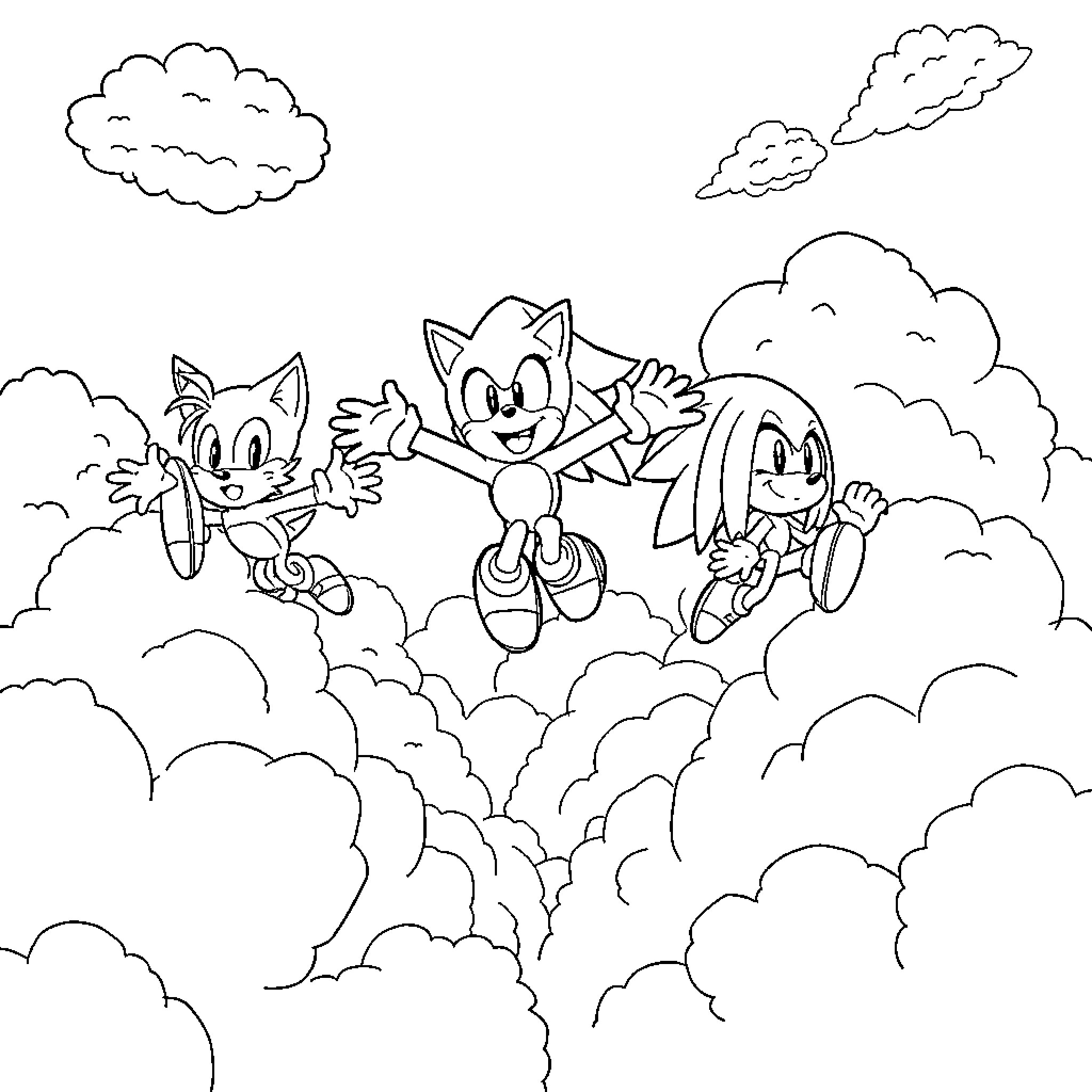 Sonic characters jumping playfully through clouds Coloring Page (free black-and-white line drawing printable PDF for all, from beginners to advanced learners, including children, teens, adults, and seniors)