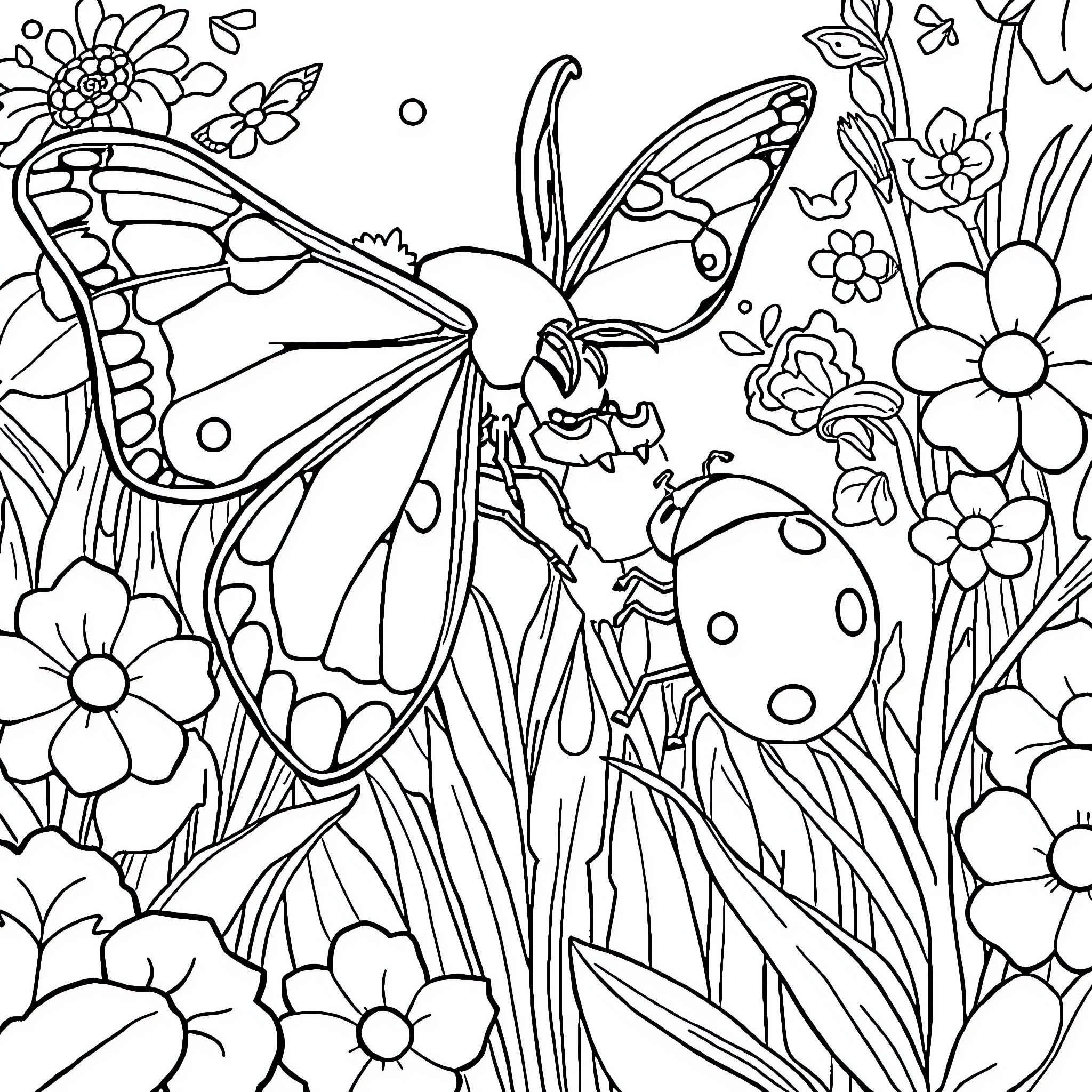 Ladybug flying amidst colorful flowers and butterflies Coloring Page (free black-and-white line drawing printable PDF for all, from beginners to advanced learners, including children, teens, adults, and seniors)